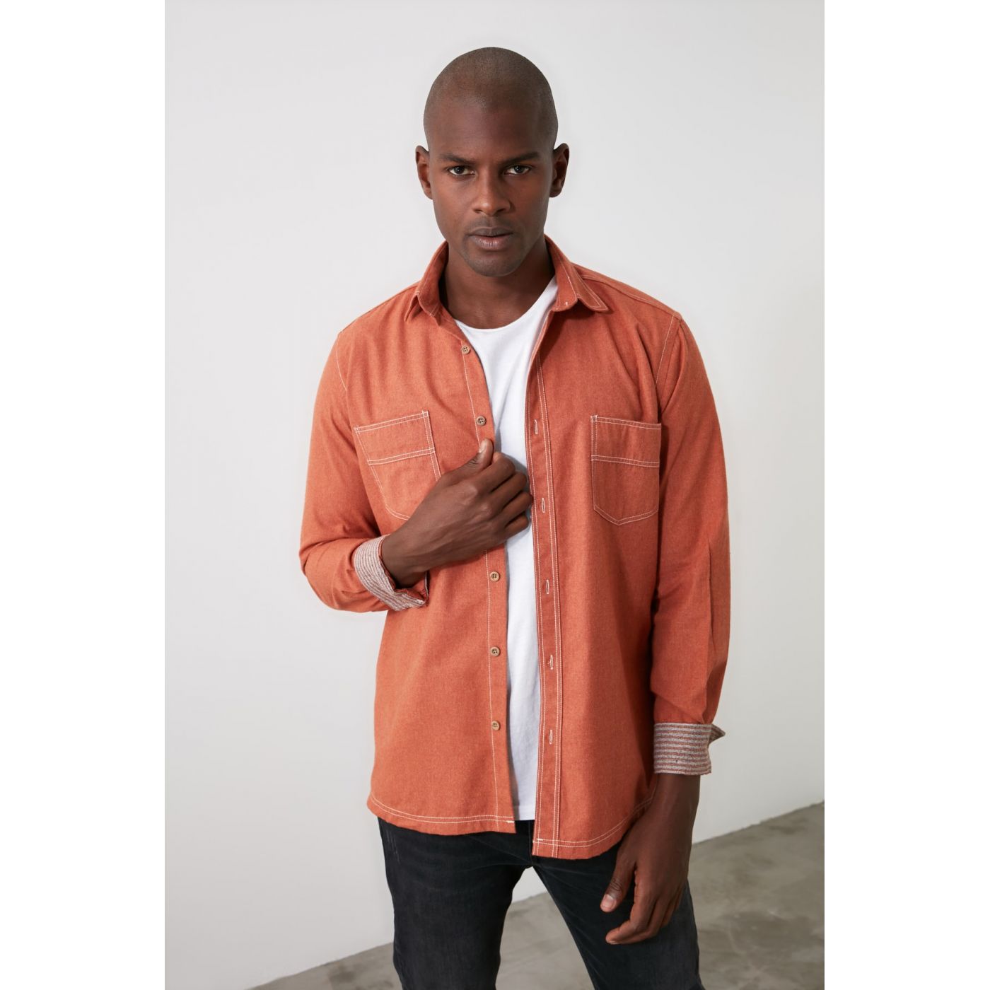 Trendyol Orange Men's Slim Fit Shirt with 2 Pockets