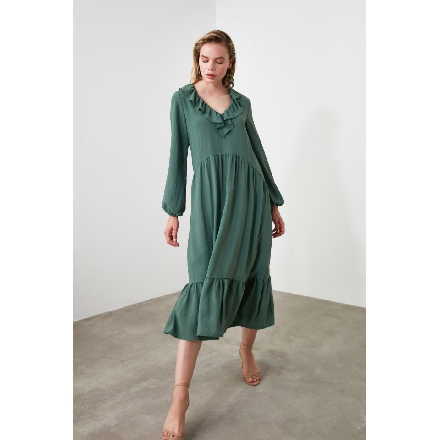 Trendyol Khaki Neck Detail Wide Cut Dress