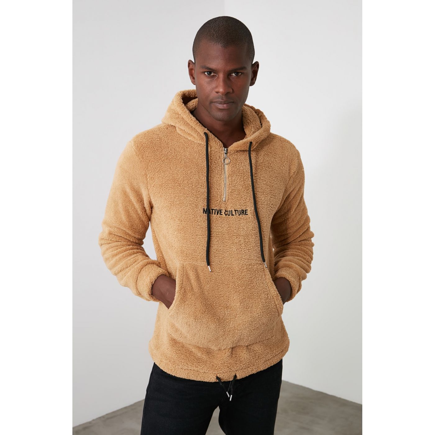 Trendyol Camel Men's Long Sleeve Zipper Edging Zipper Edging PocketHood Sweatshirt