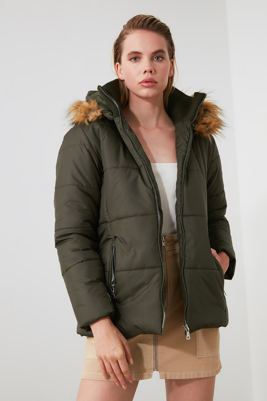 Trendyol Khaki Artificial Fur Hooded Inflatable Coat