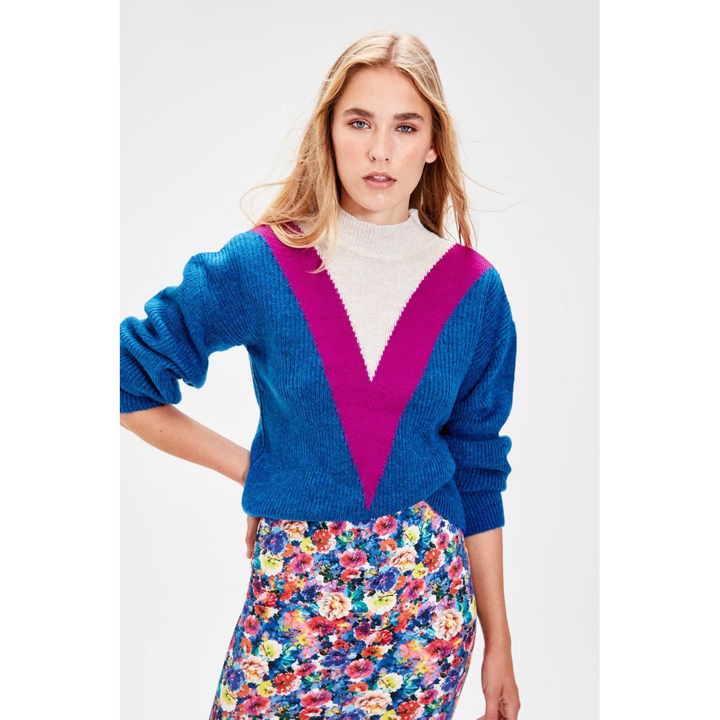 Trendyol Navy Blue Check Patterned Knitwear Sweater