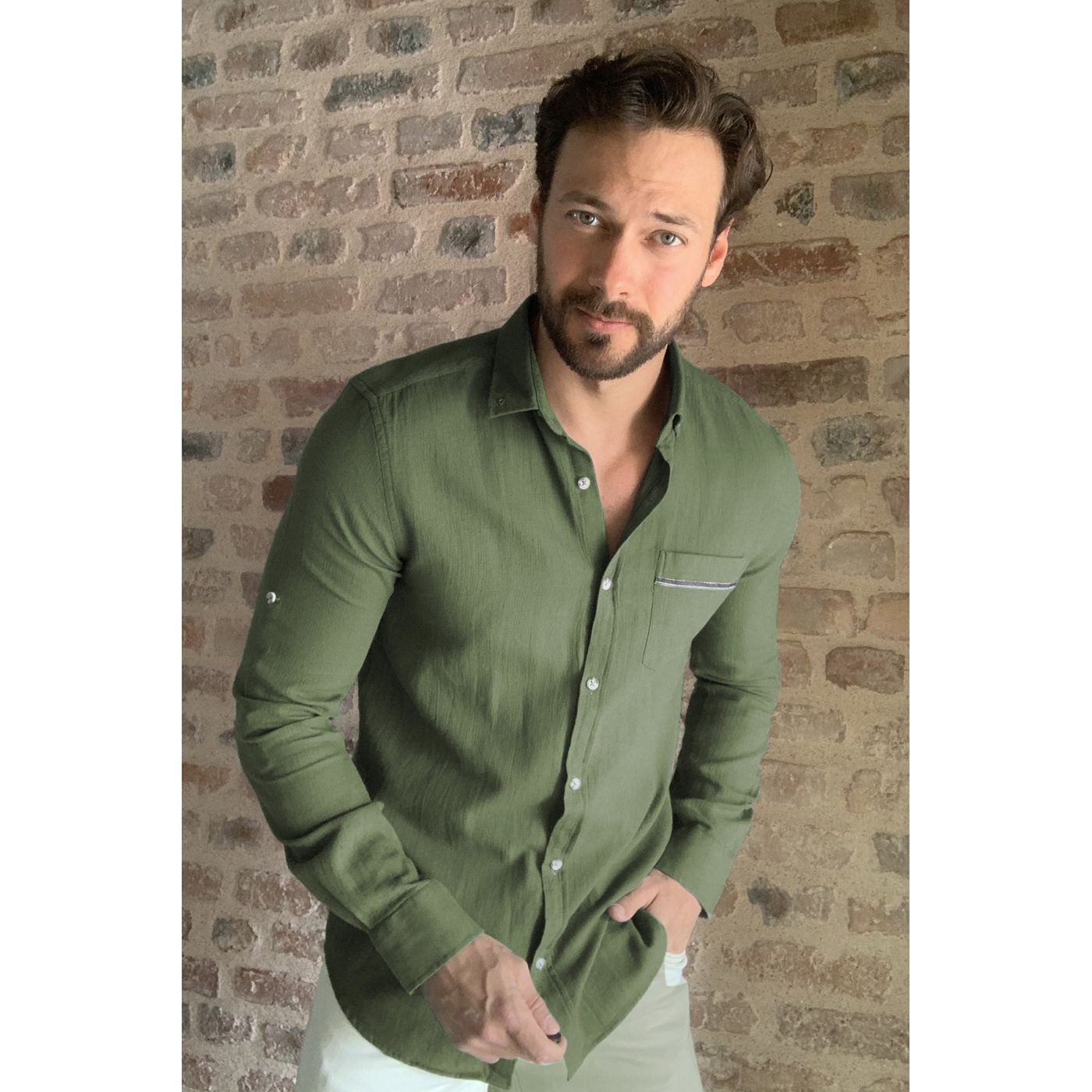 Trendyol Khaki Male Textured Single Pocket Slim Fit Shirt