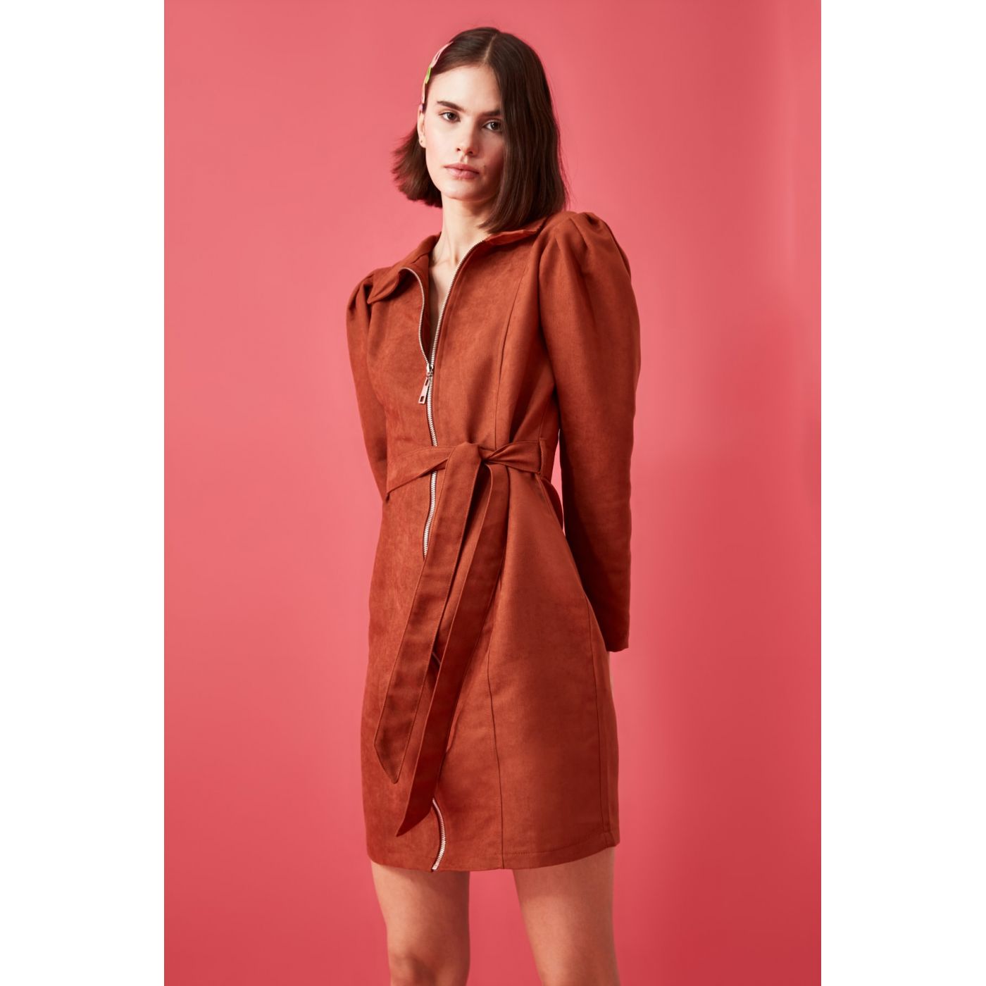 Trendyol Cinnamon Belt Zipper Detailing Dress
