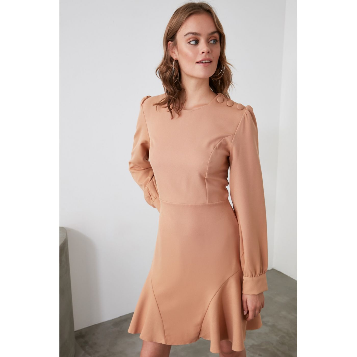 Trendyol Camel Flywheel Button Detailed Dress