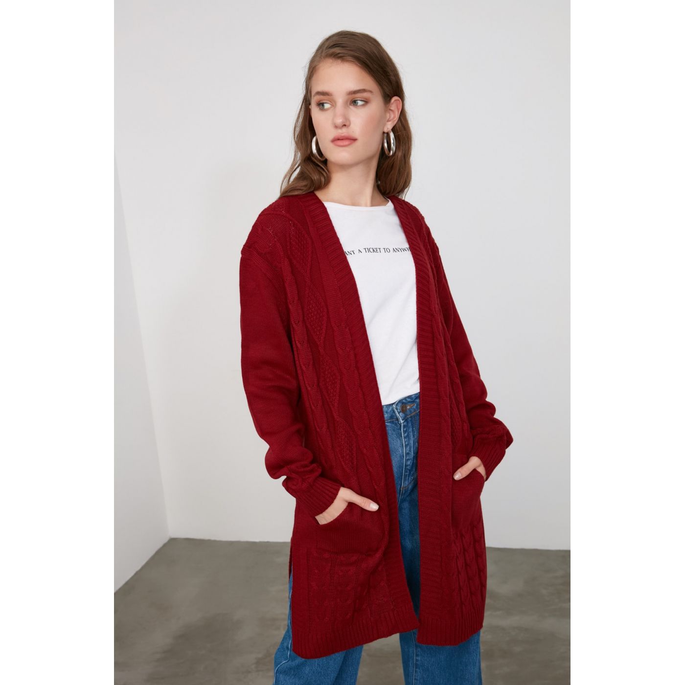 Trendyol Burgundy Braid Detailed Knitwear Cardigan