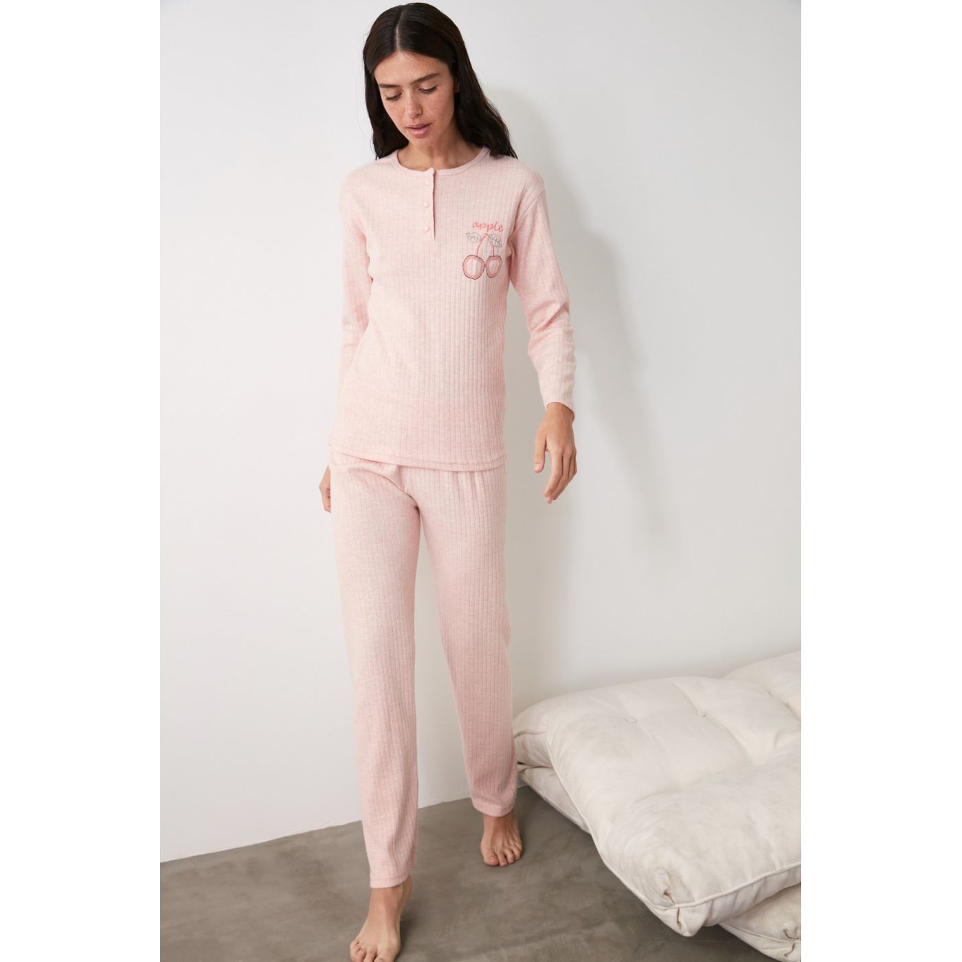 Trendyol Powder Embroidered Knitted Pajama Set