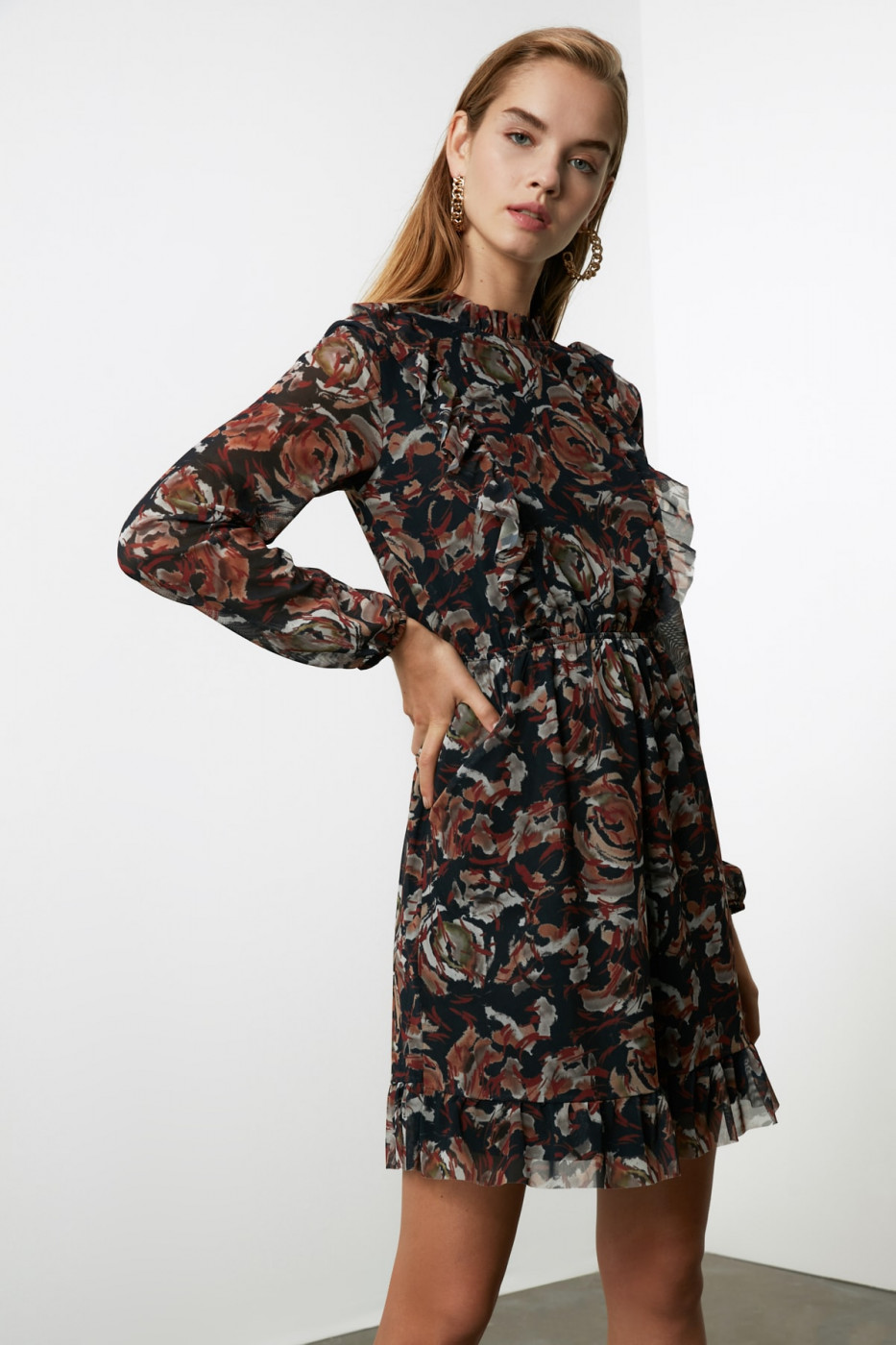Trendyol MultiColored Sheer Collar Tulle Knitted Dress