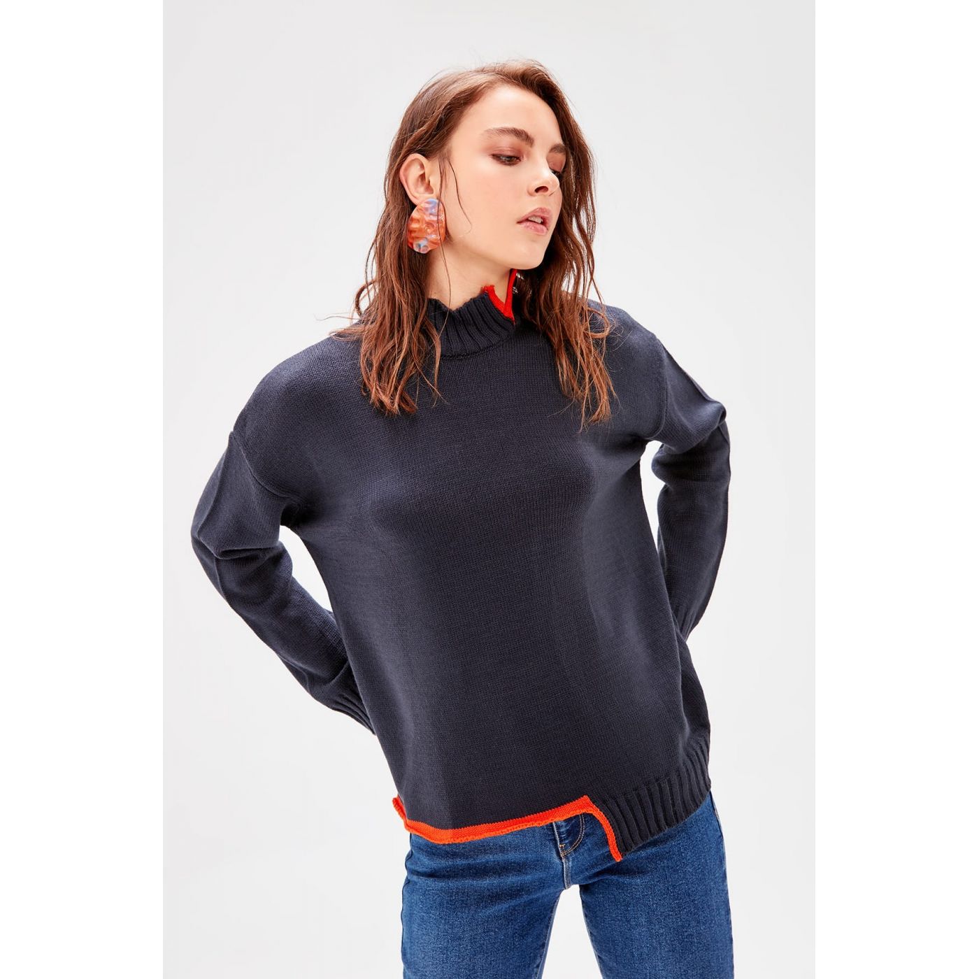 Trendyol Navy Blue Side Slit Knitwear Sweater