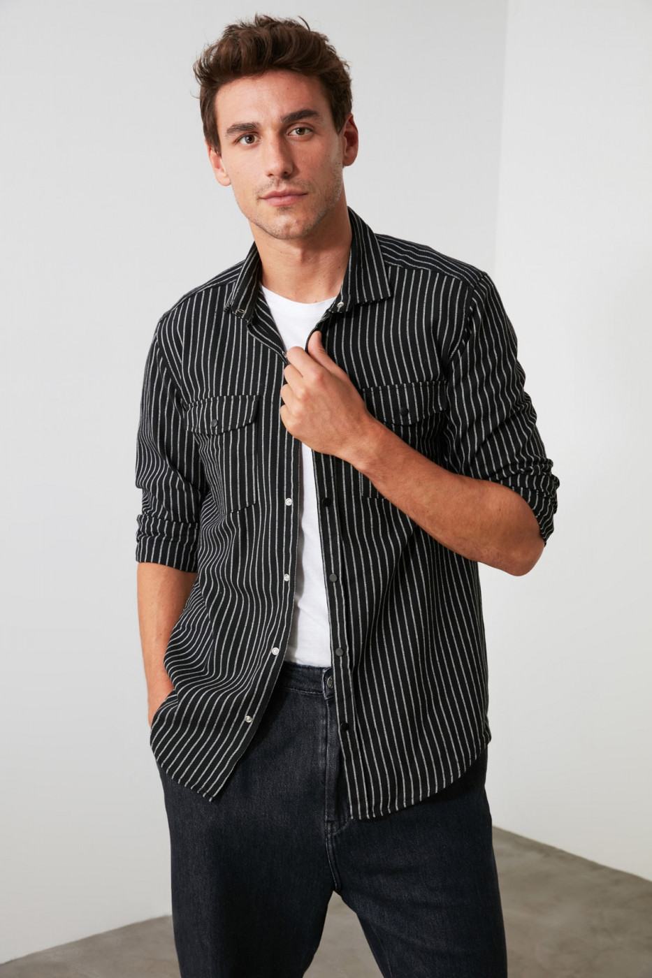 Trendyol Black Male Double Pocket Cap regular shirt