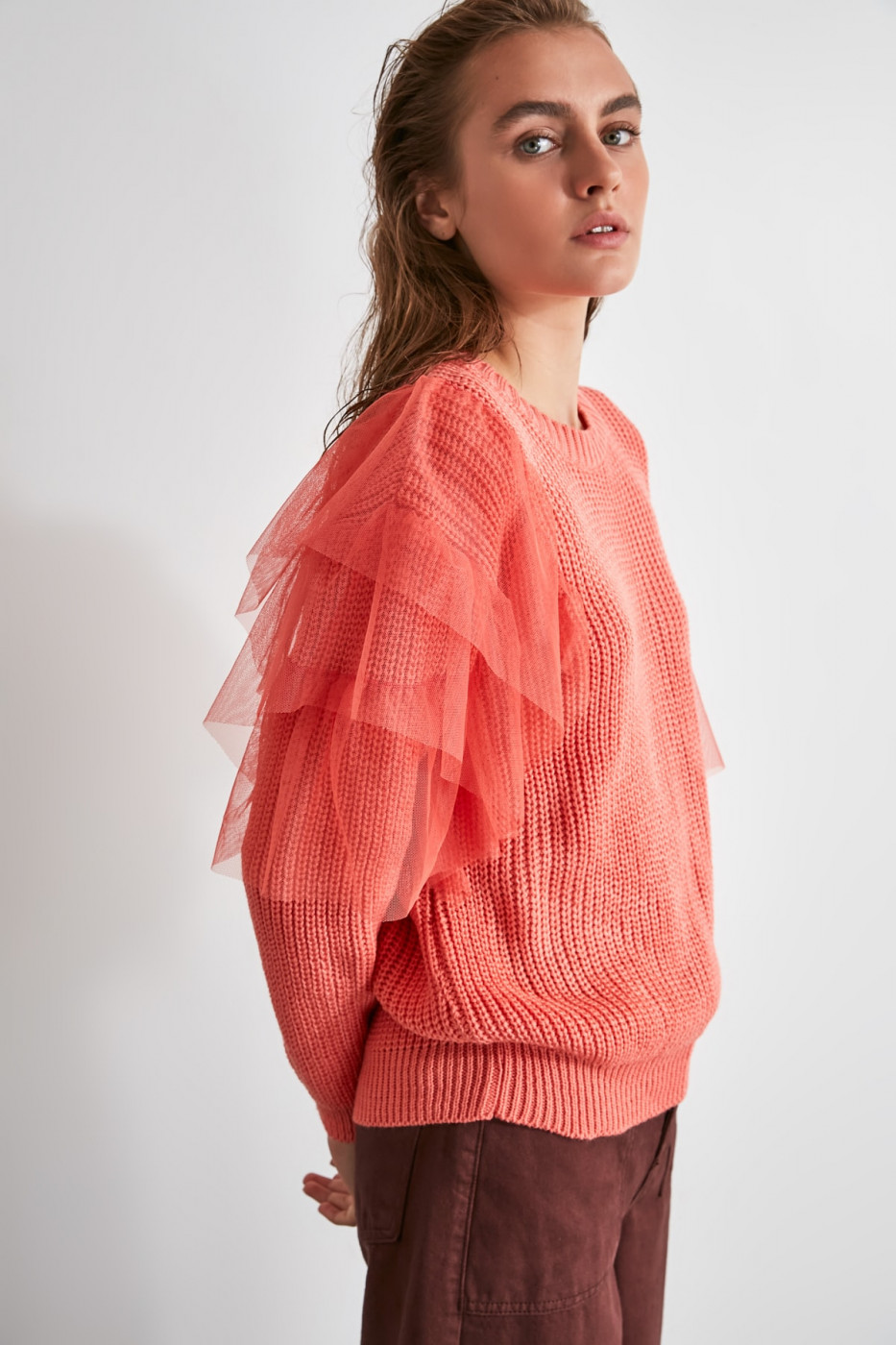 Trendyol Salmon Tulle Knit Sweater