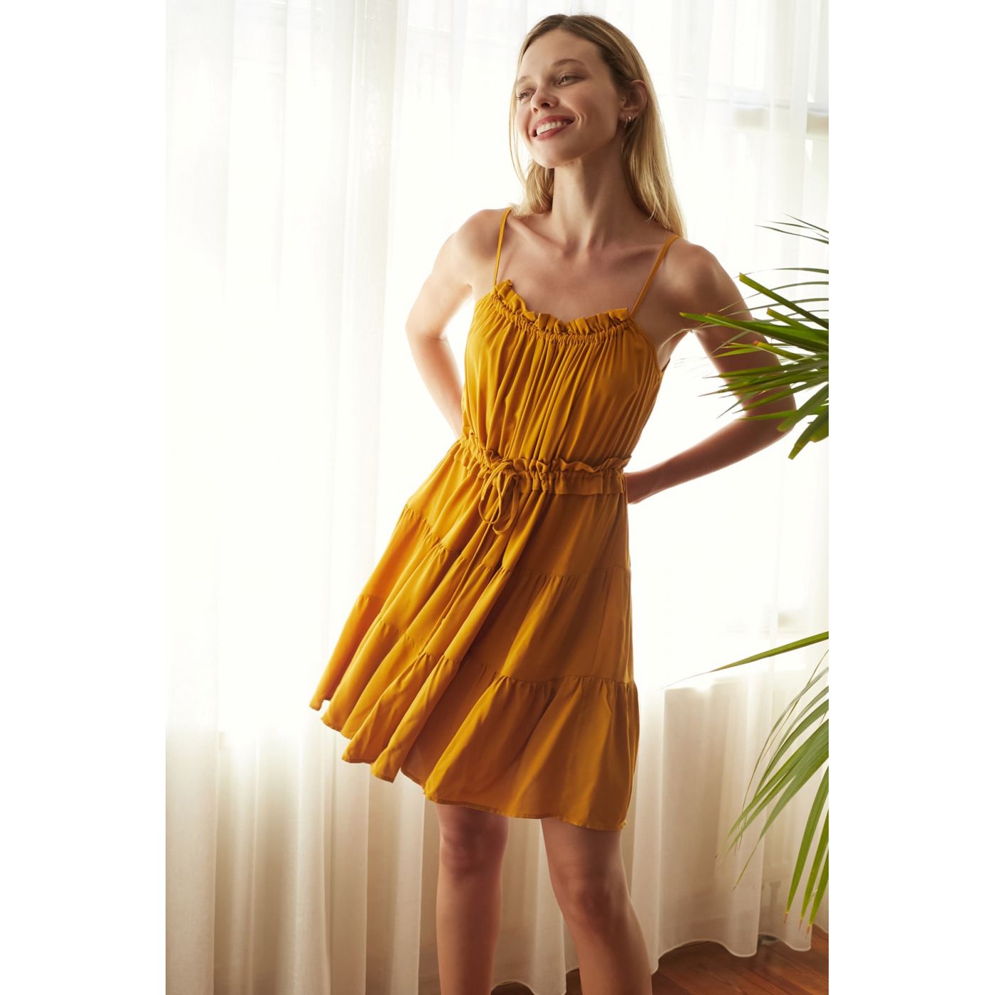 Trendyol Camel Binding Detailed PuckerEd Dress