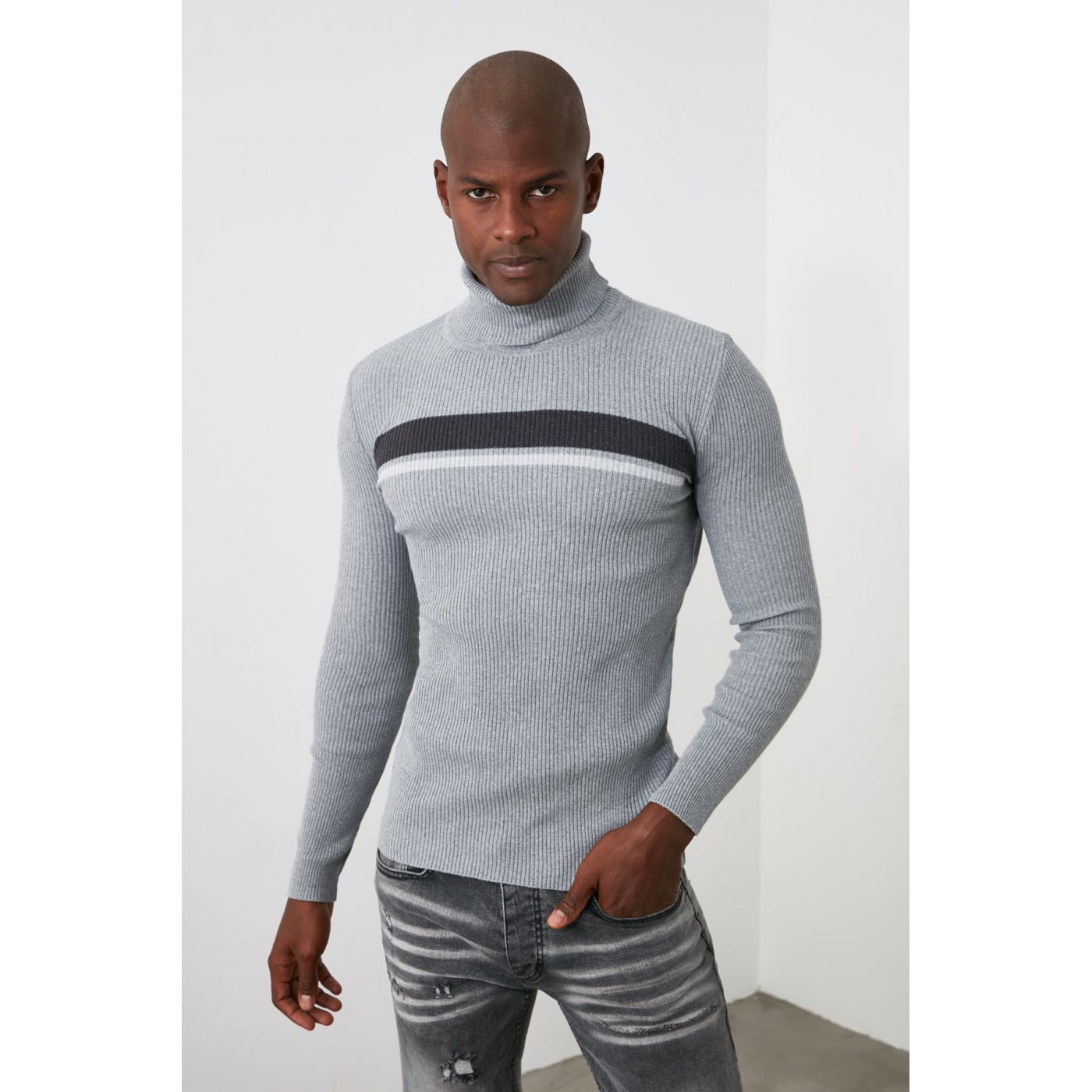 Trendyol Grey Men's Paneled Bakıkçı Collar Knitwear Sweater