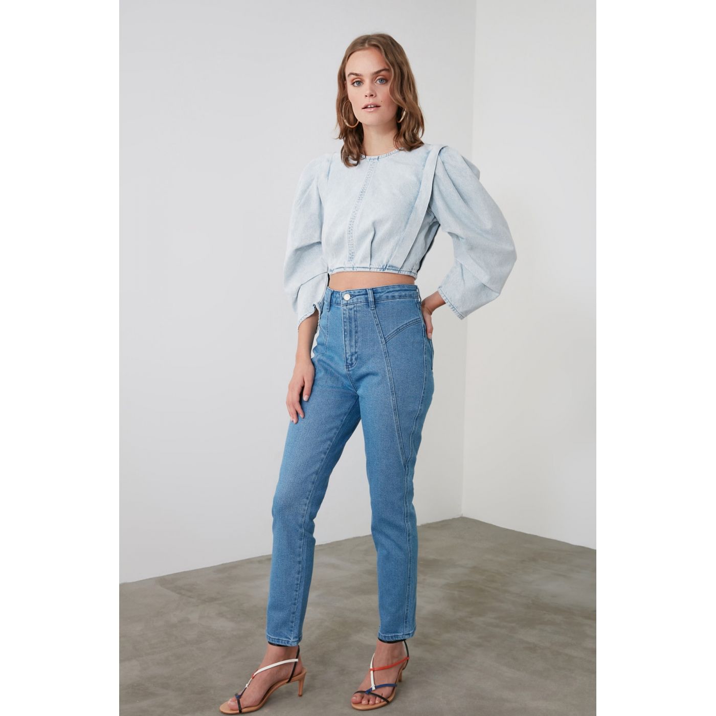 Trendyol Blue Seam Detailing High Waist Slim Fit Jeans
