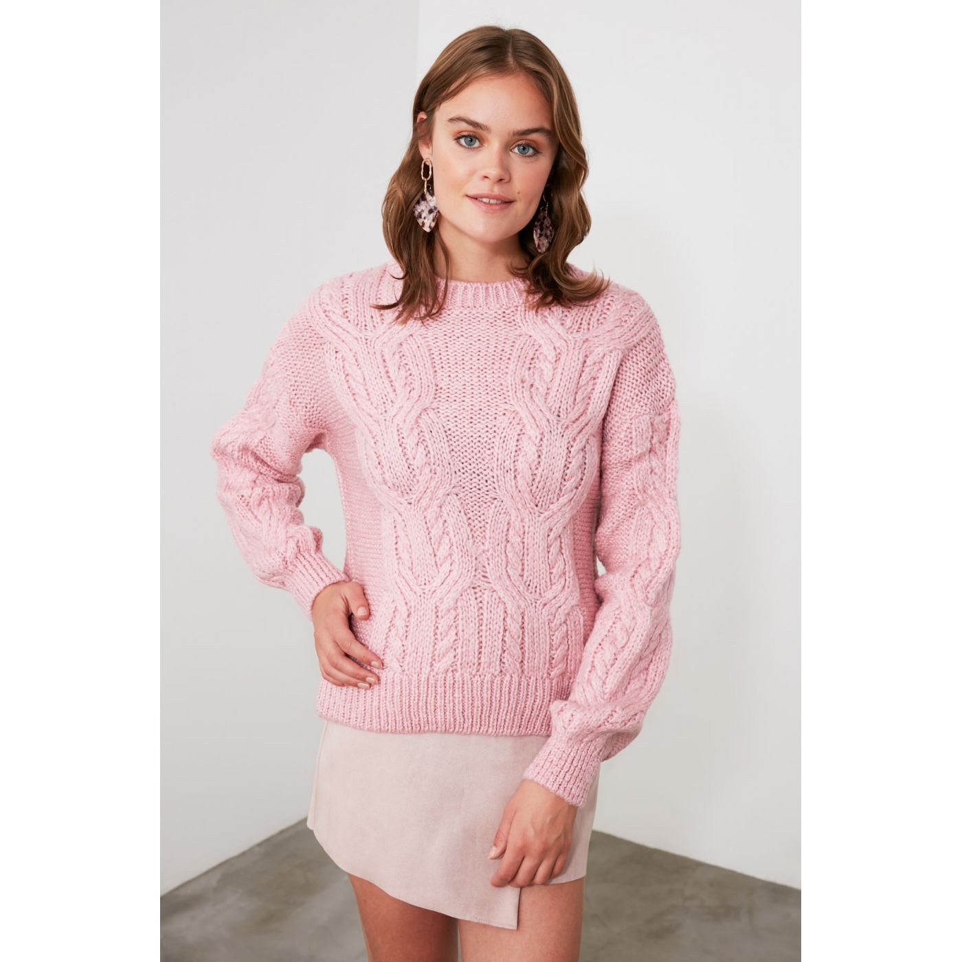 Trendyol Pink Braided Knitwear Sweater
