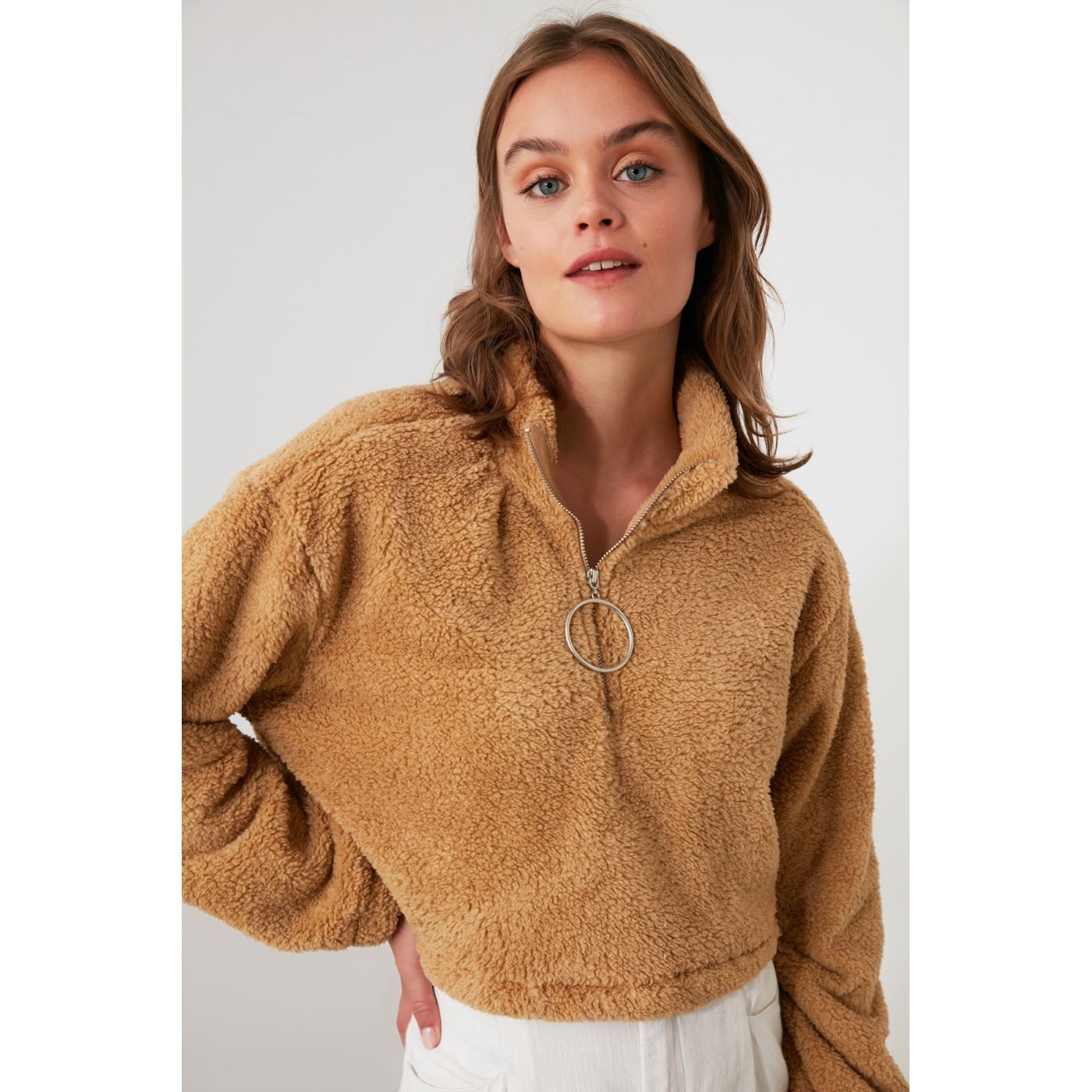Trendyol Camel Zippered Upright Collar Knitted Sweatshirt