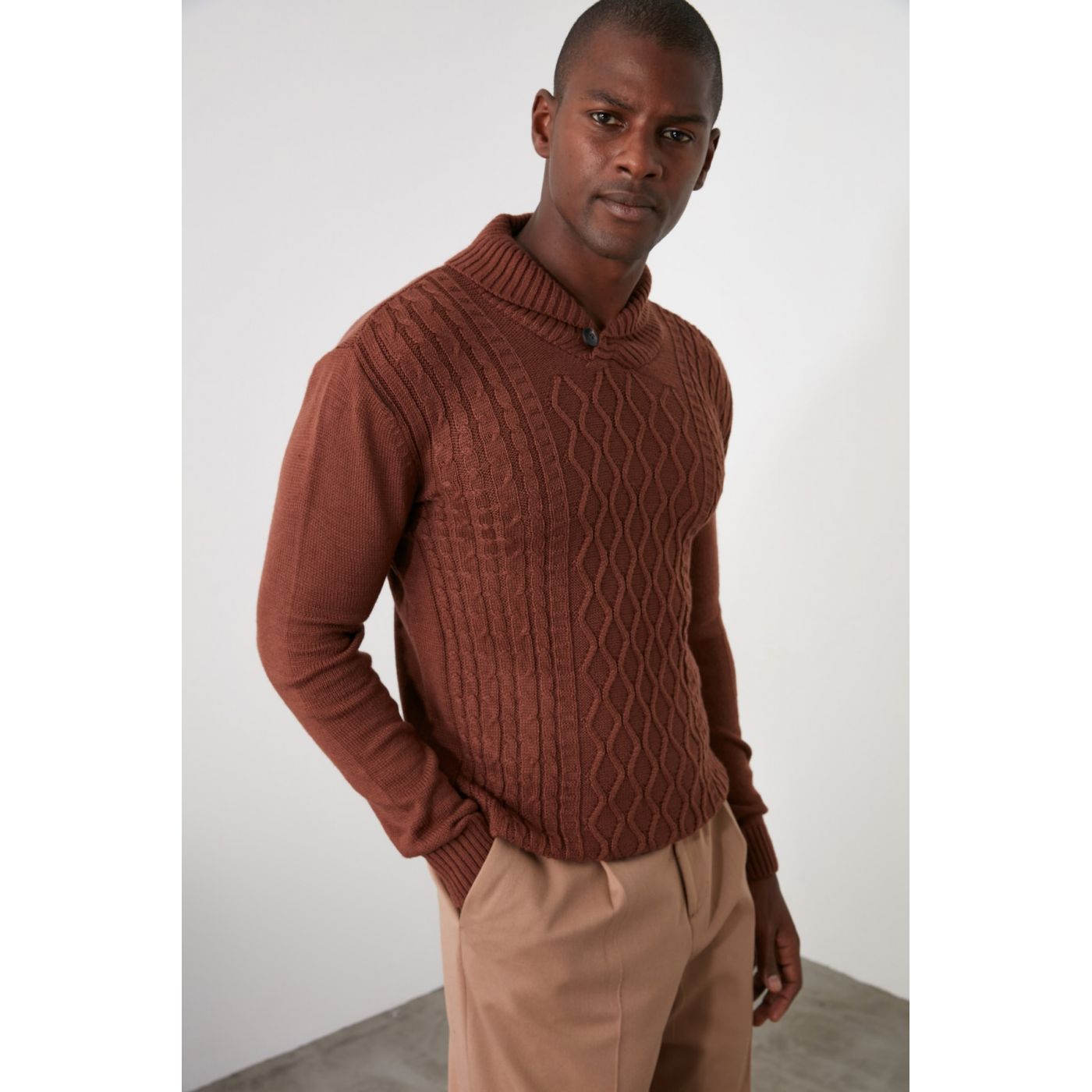 Trendyol Tdared Men's Hair Braid Shawl Collar Knuckle Sweater
