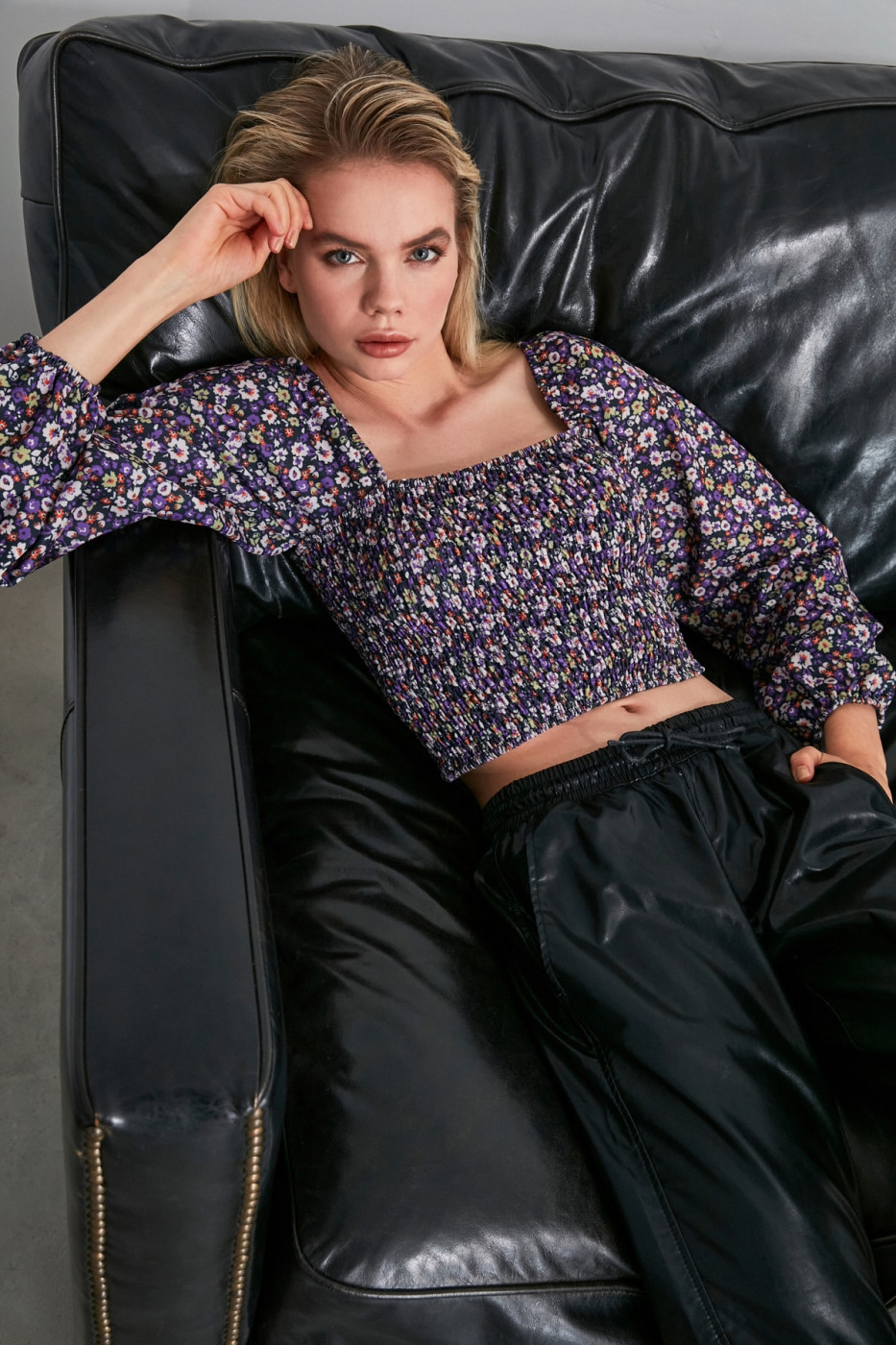 Trendyol Purple Flower Patterned Gipeli Knitted Blouse