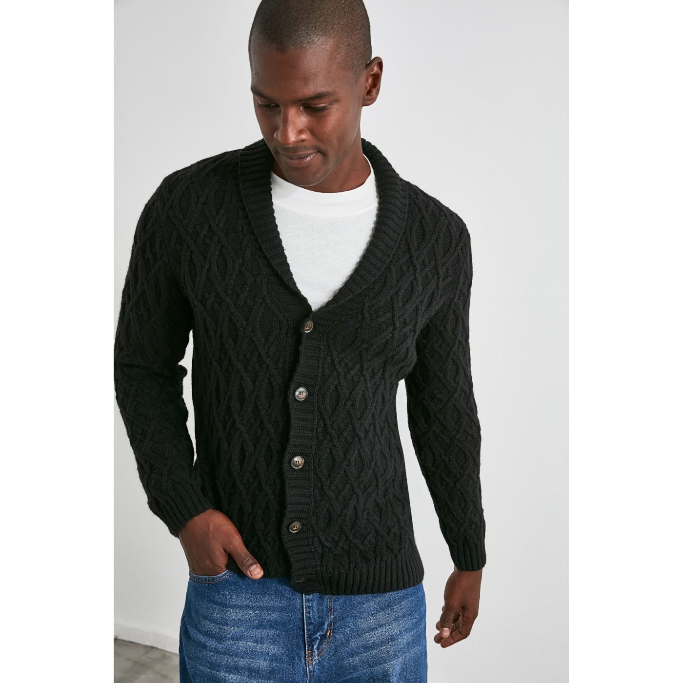 Trendyol Black Male Shawl Collar Hair Braid Cardigan