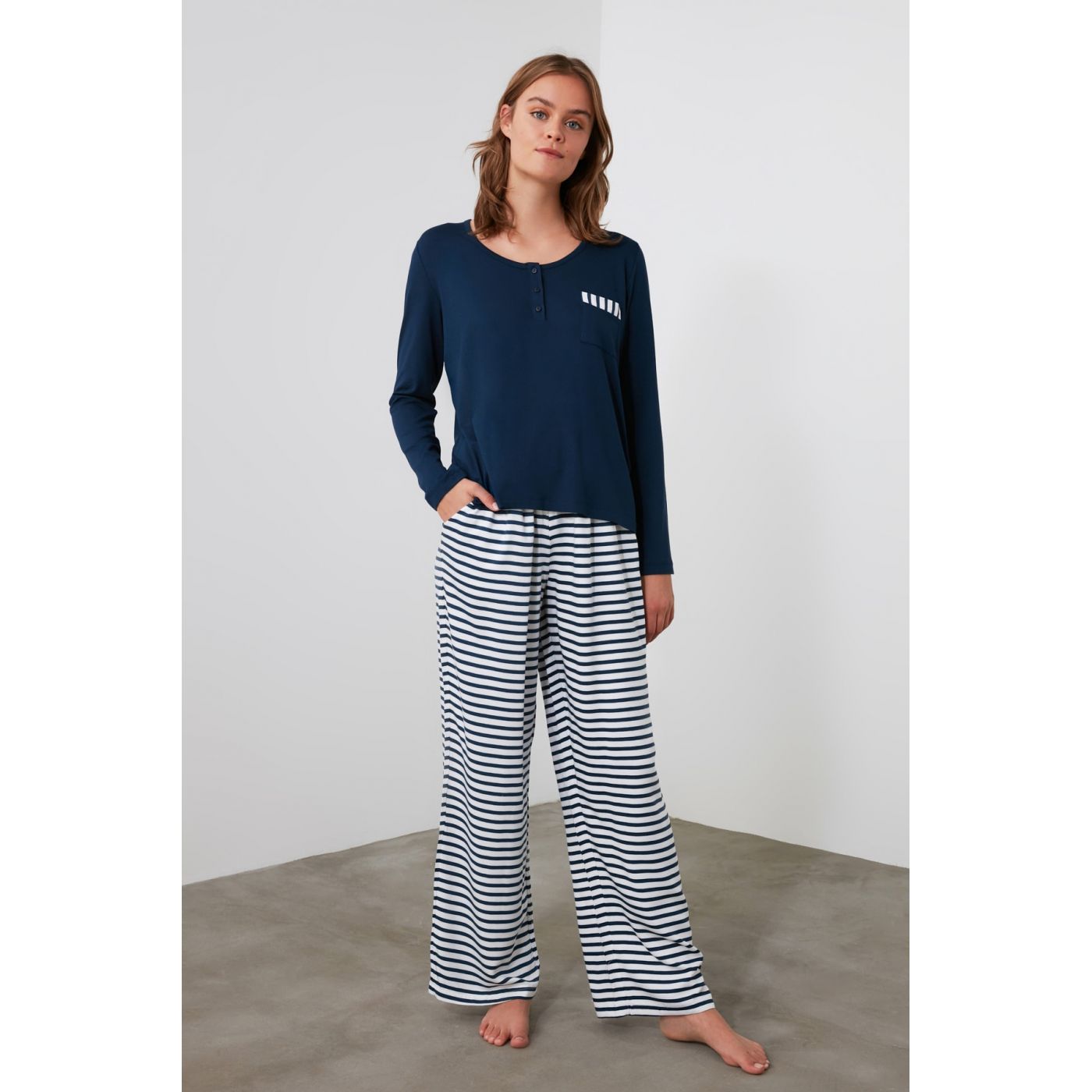 Trendyol Navy Striped Knitted Pajama Set