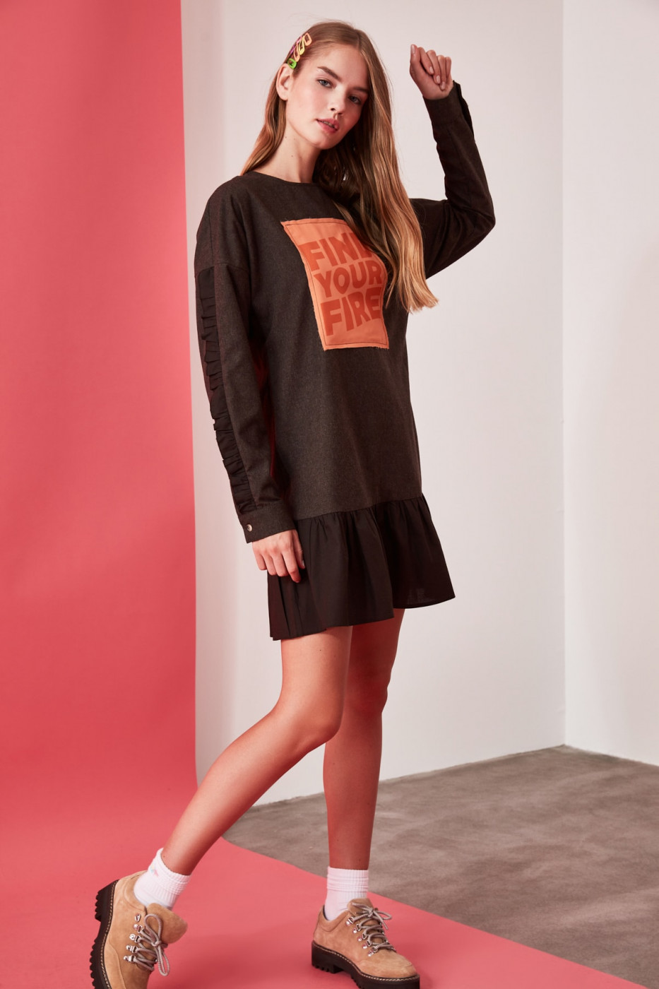 Trendyol Brown Printed Sleeve Detailing Dress