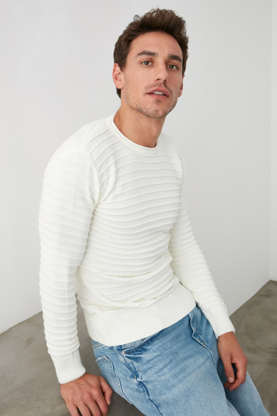 Trendyol Ekru Men's Bike Collar Ottoman Knitwear Sweater