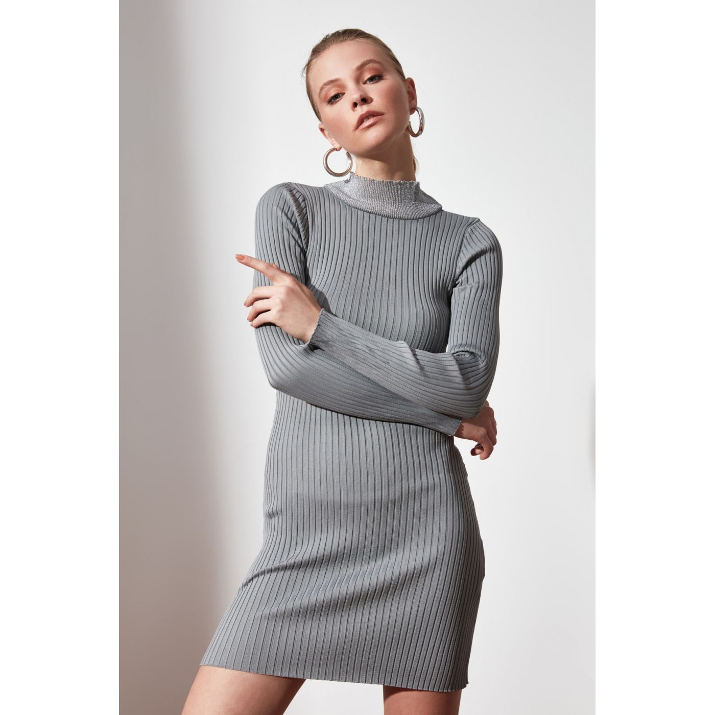Trendyol Grey Sleeve Flywheel Knitwear Dress