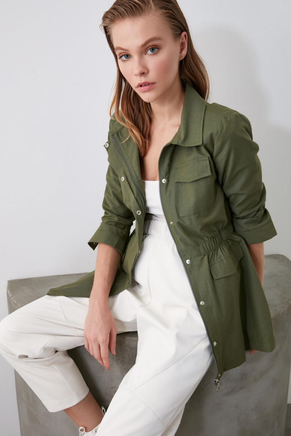 Trendyol Green Waist Gathered Coat