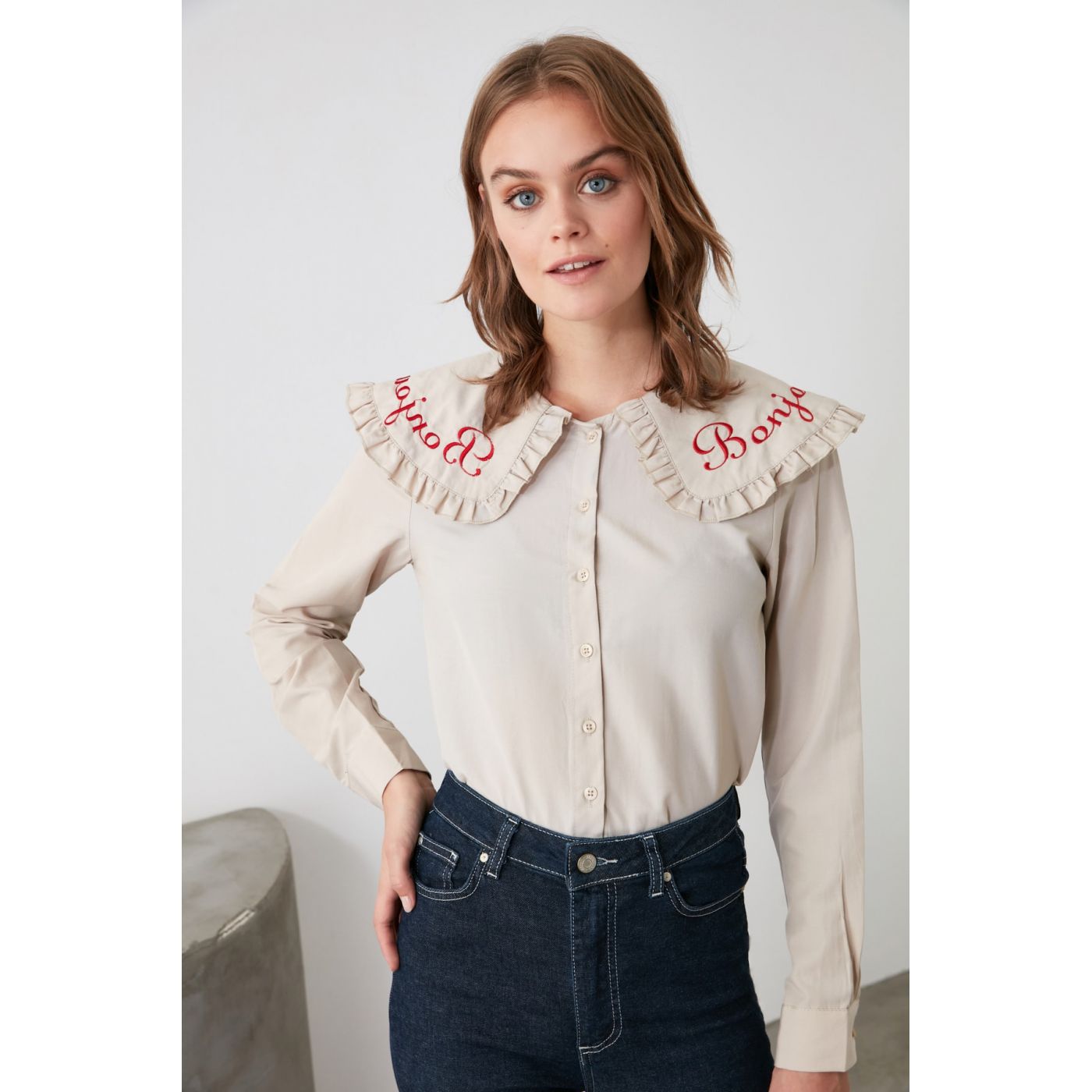 Trendyol Beige Embroidered Collar Detailed Shirt