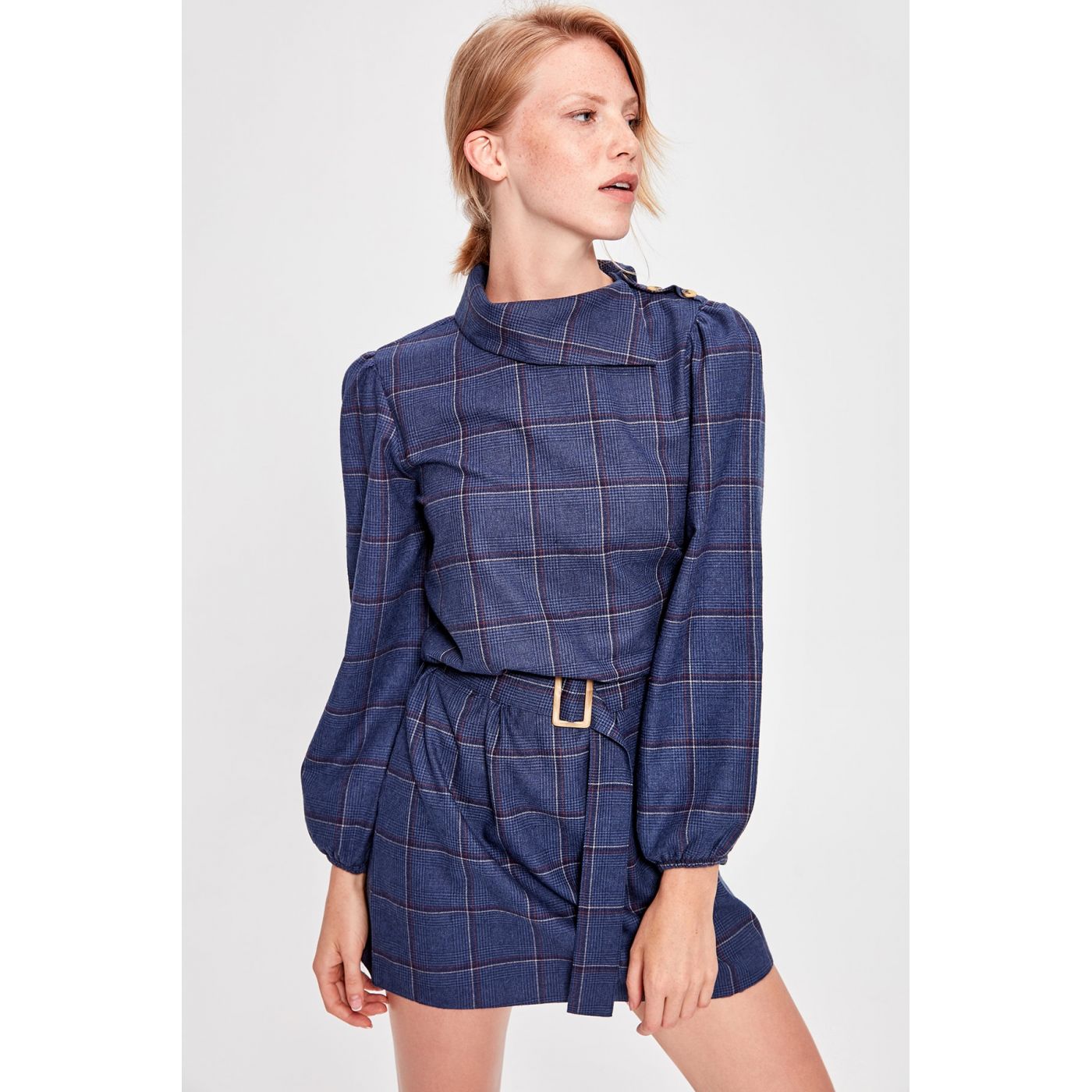 Trendyol Navy Blue Plaid Belt Dress