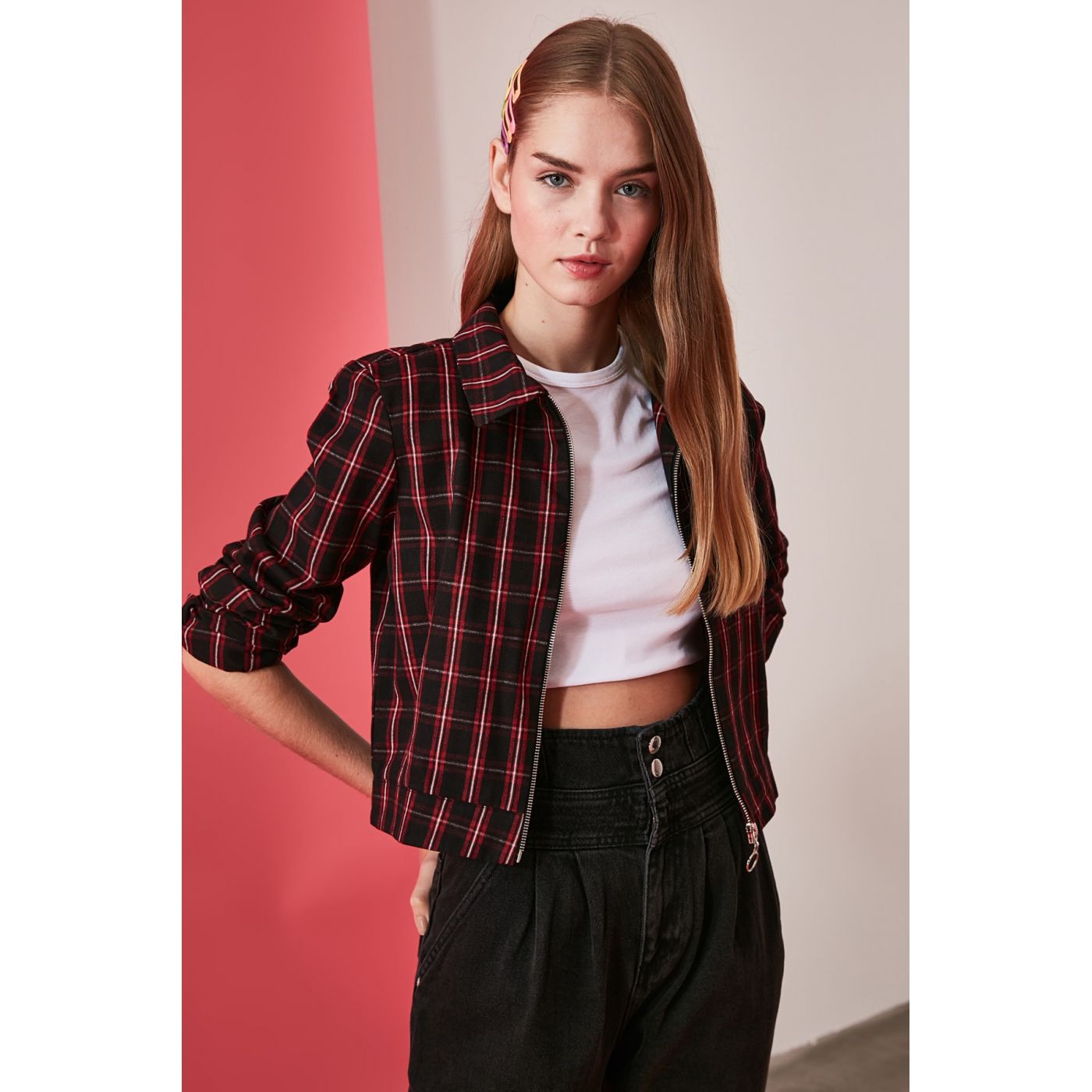 Trendyol Red Zip-Up Plaid Shirt