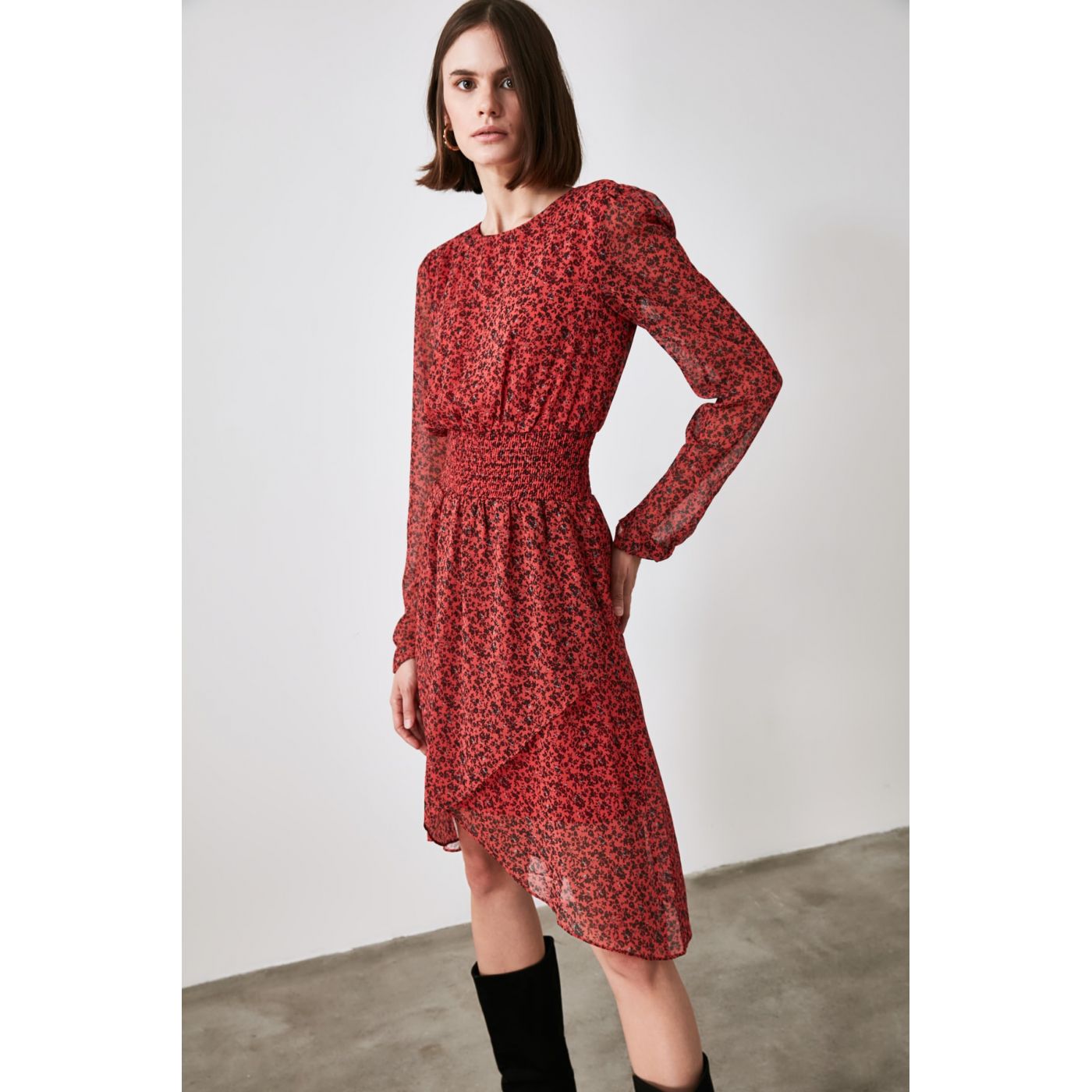 Trendyol Red Patterned Gipe Detailed Dress