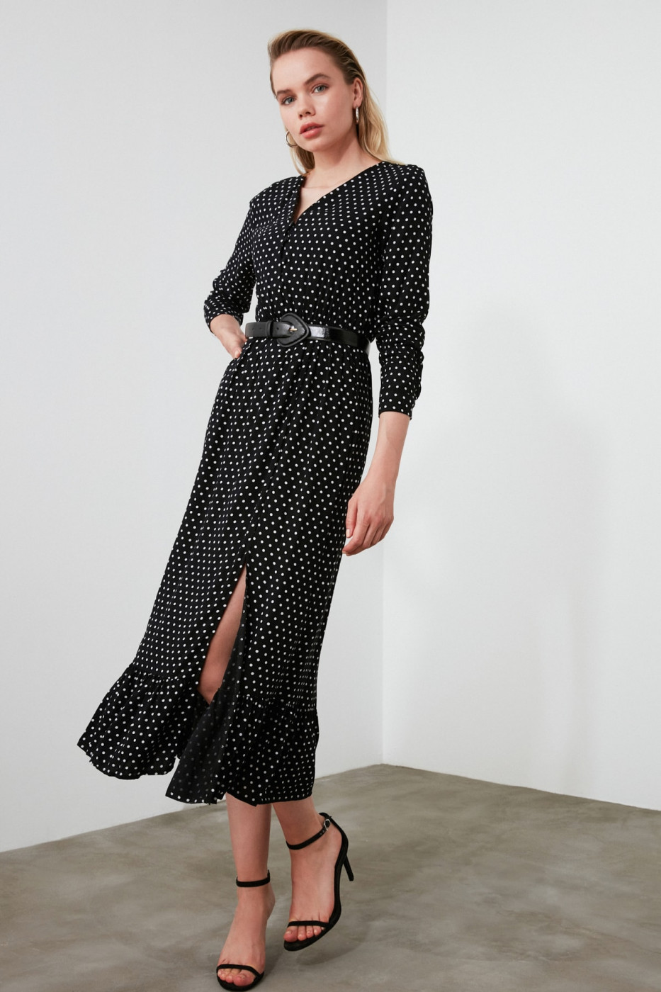 Trendyol Black Button Detailed Polkado dress