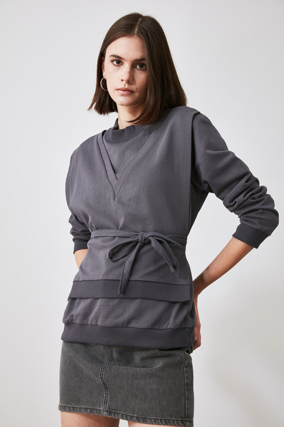 Trendyol Anthracite Binding Detailed 2in1 Basic Knitted Sweatshirt