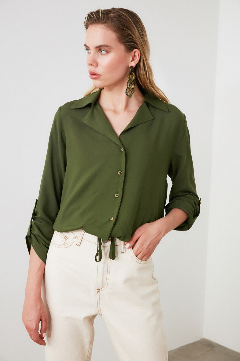 Trendyol Green Cord and Epaulette Detailed Shirt
