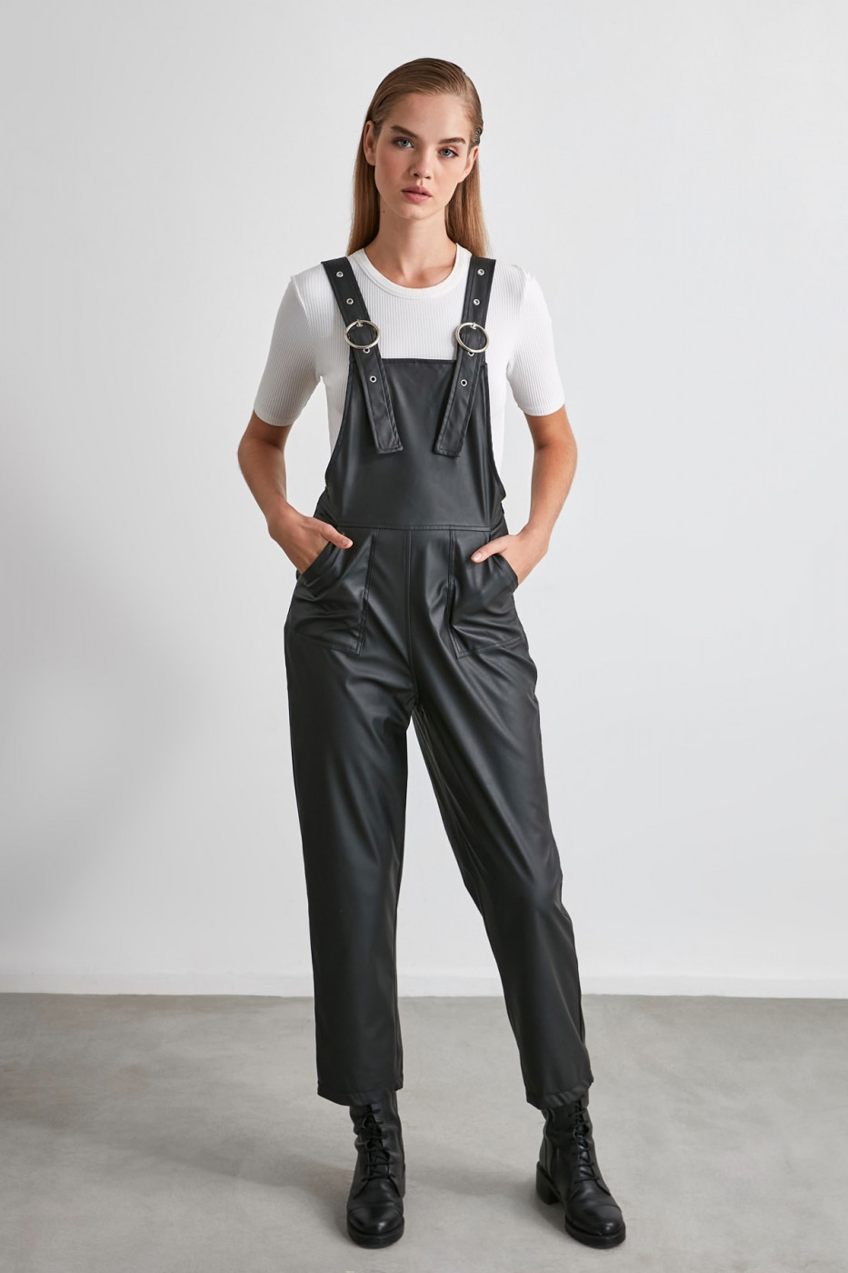 Trendyol Black Artificial Leather Pocket Detailed Jumpsuit