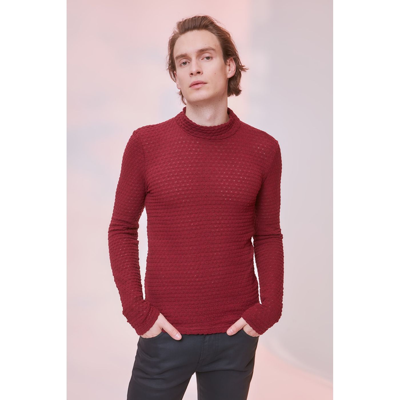 Trendyol Burgundy Men's Textured Long Sleeve Half Turtle Neck Sweater