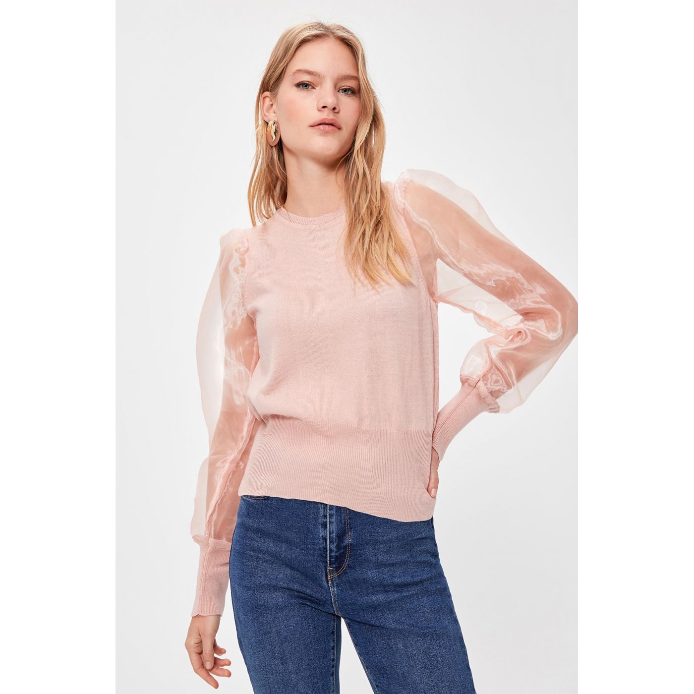 Trendyol Powder Arm Organza Detailed Knitwear Sweater