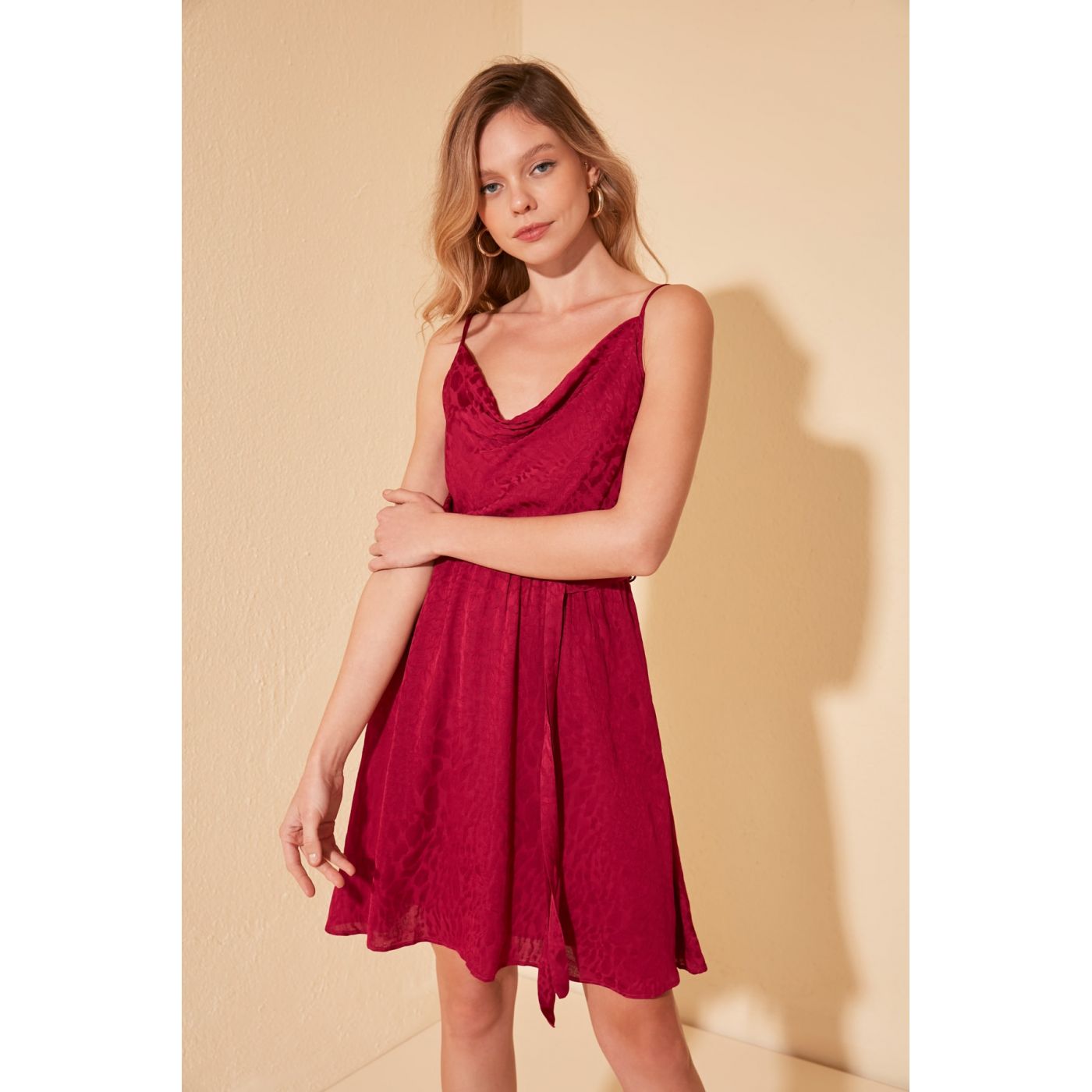 Trendyol Fuchya Belted Degaje Collar Dress