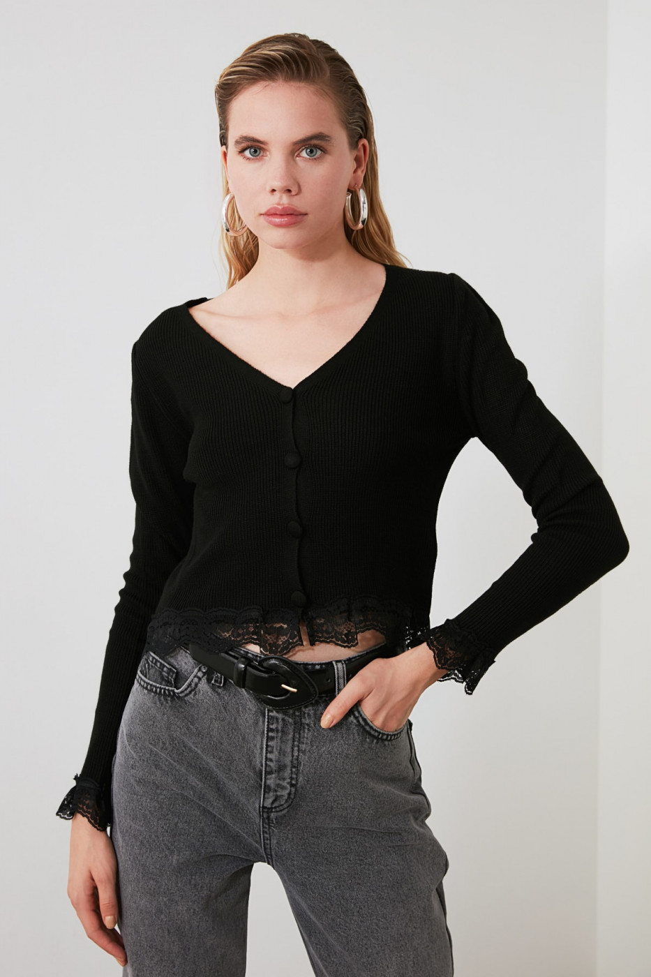 Trendyol Black Lace Knit Cardigan