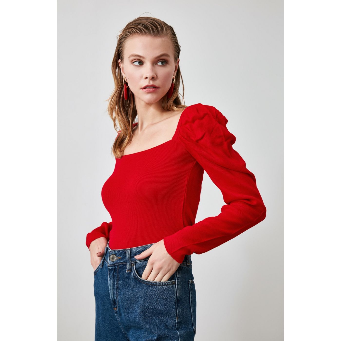 Trendyol Red Pucker Detailed Square Collar Knitwear Sweater