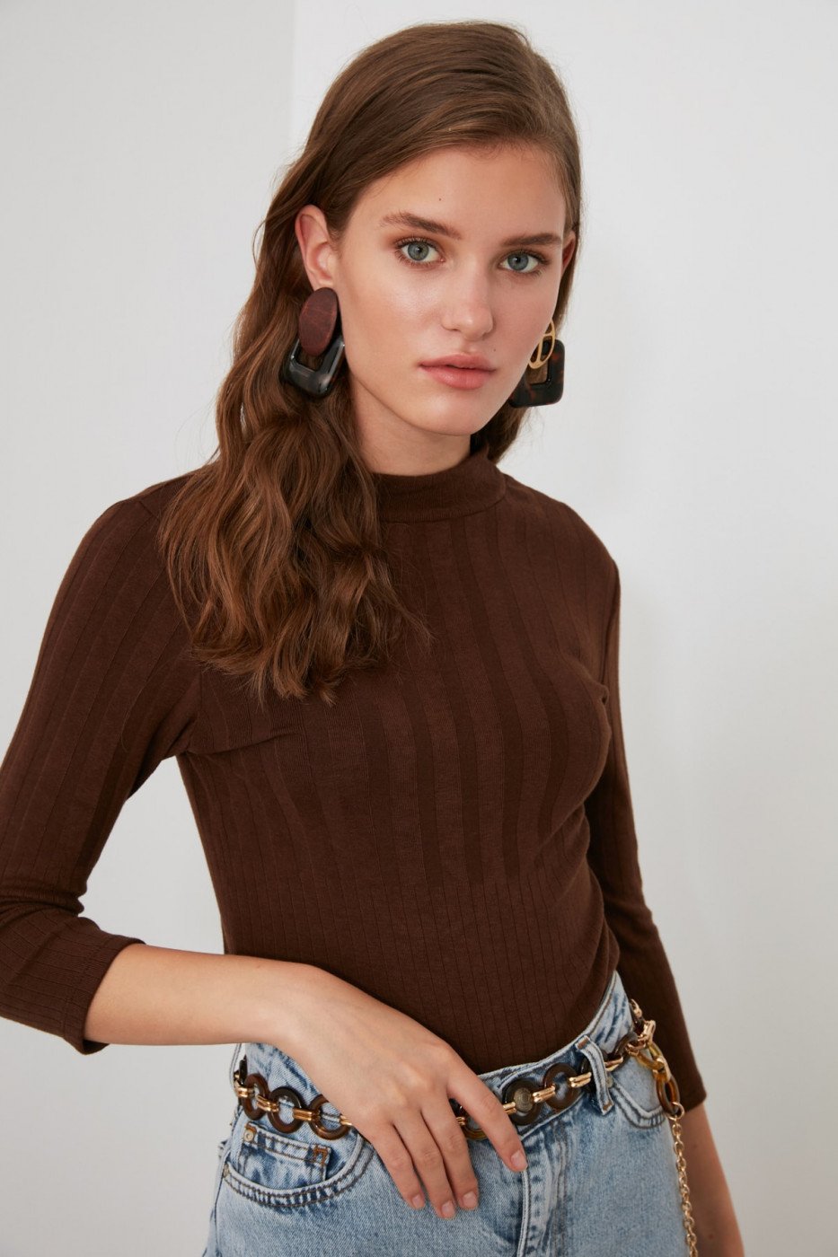Trendyol Brown Upright Collar Fitilli Knitted Blouse