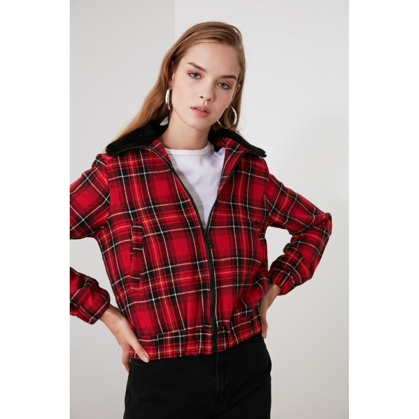 Trendyol Red Plaid Collar Plush Fur Detailed Cachet Coat