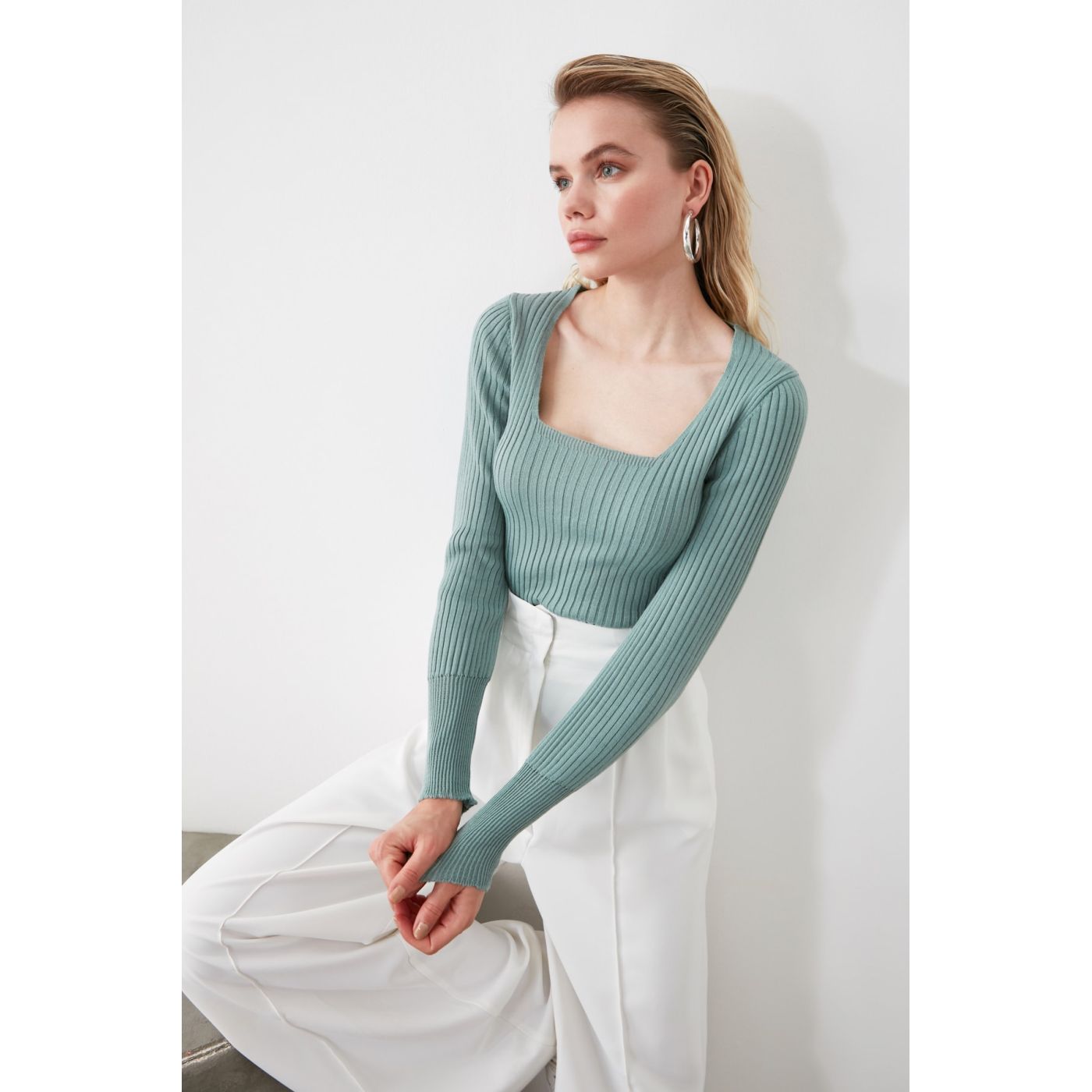 Trendyol Mint Square Collar Knit Sweater