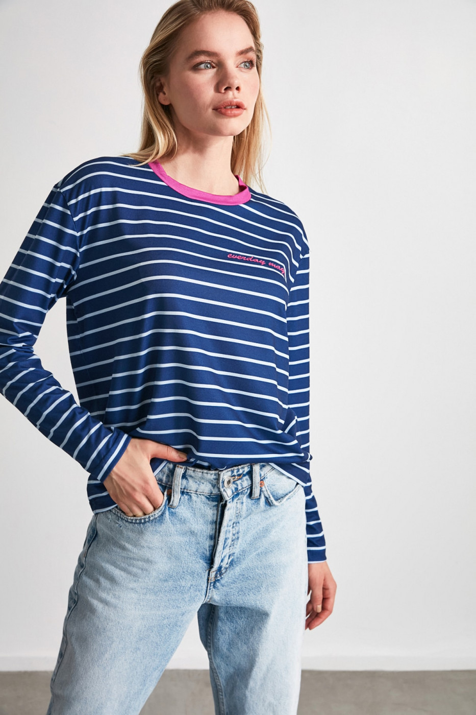 Trendyol Navy Striped Knitted Basic Long Sleeve T-Shirt