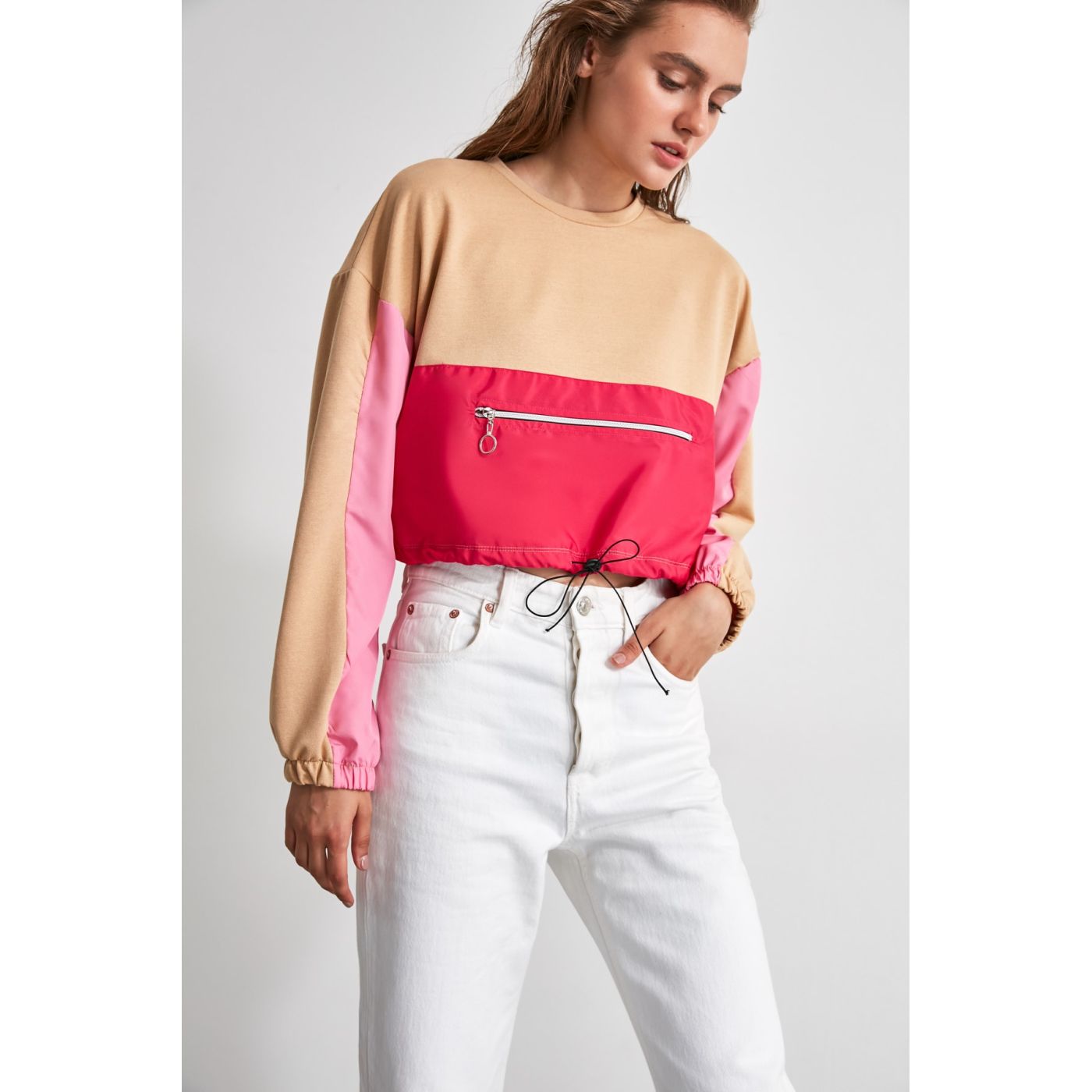 Trendyol Camel Color Block Crop Knitted Sweatshirt