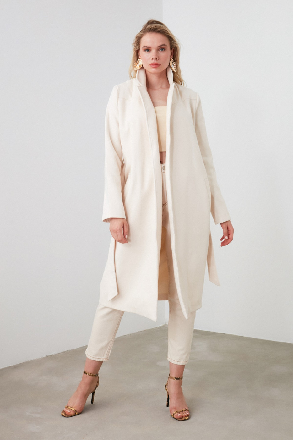 Trendyol Stone Beltpocket Detailed Long Cachet Coat