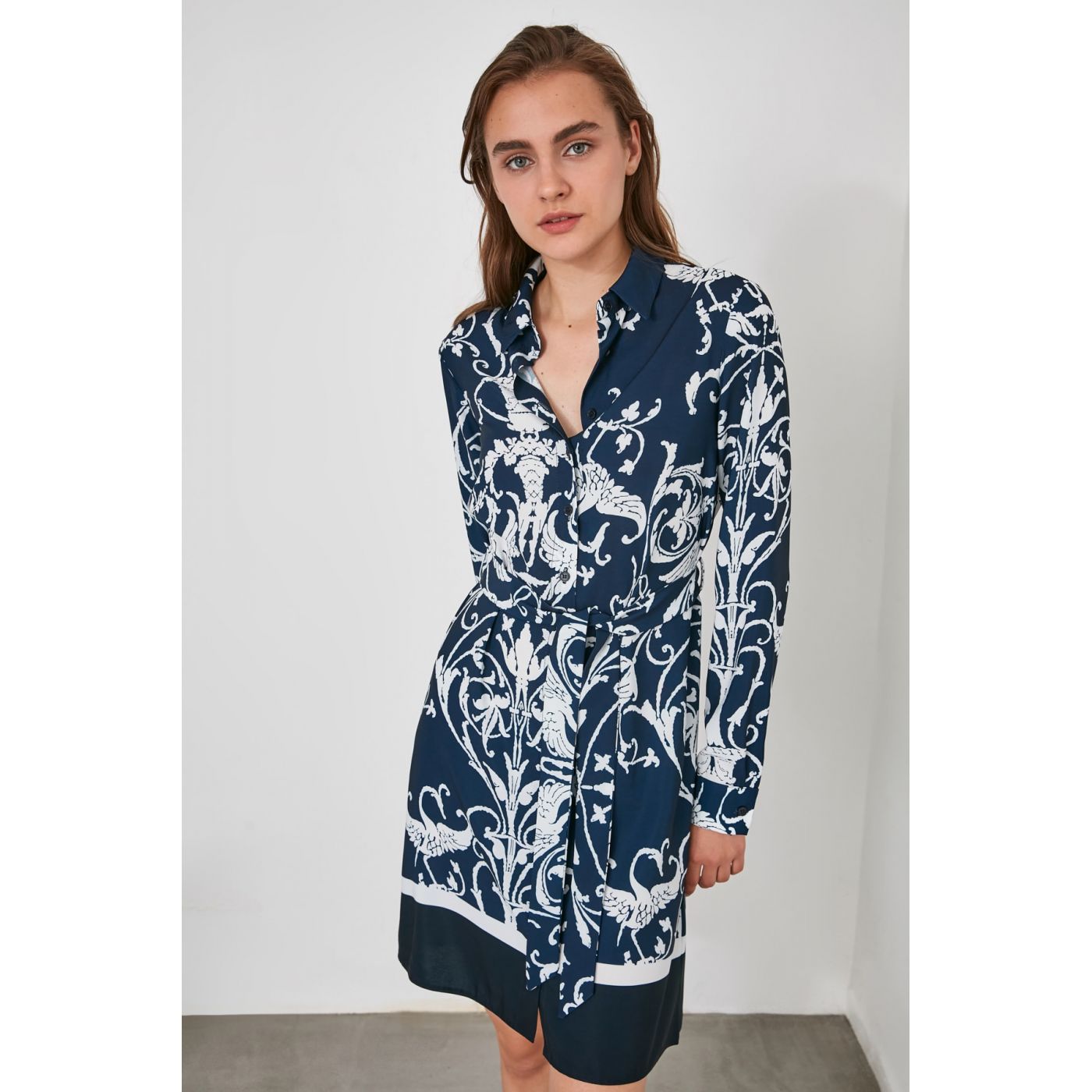 Trendyol Navy Blue BeltEd Patterned Dress