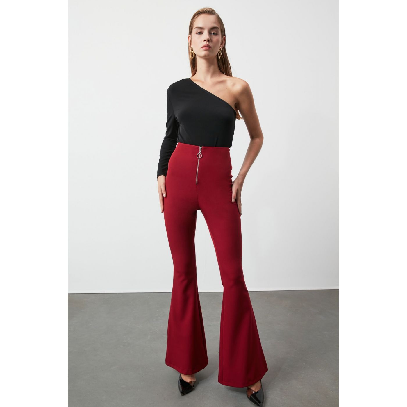Trendyol Burgundy Flare Zipper Detailed Trousers