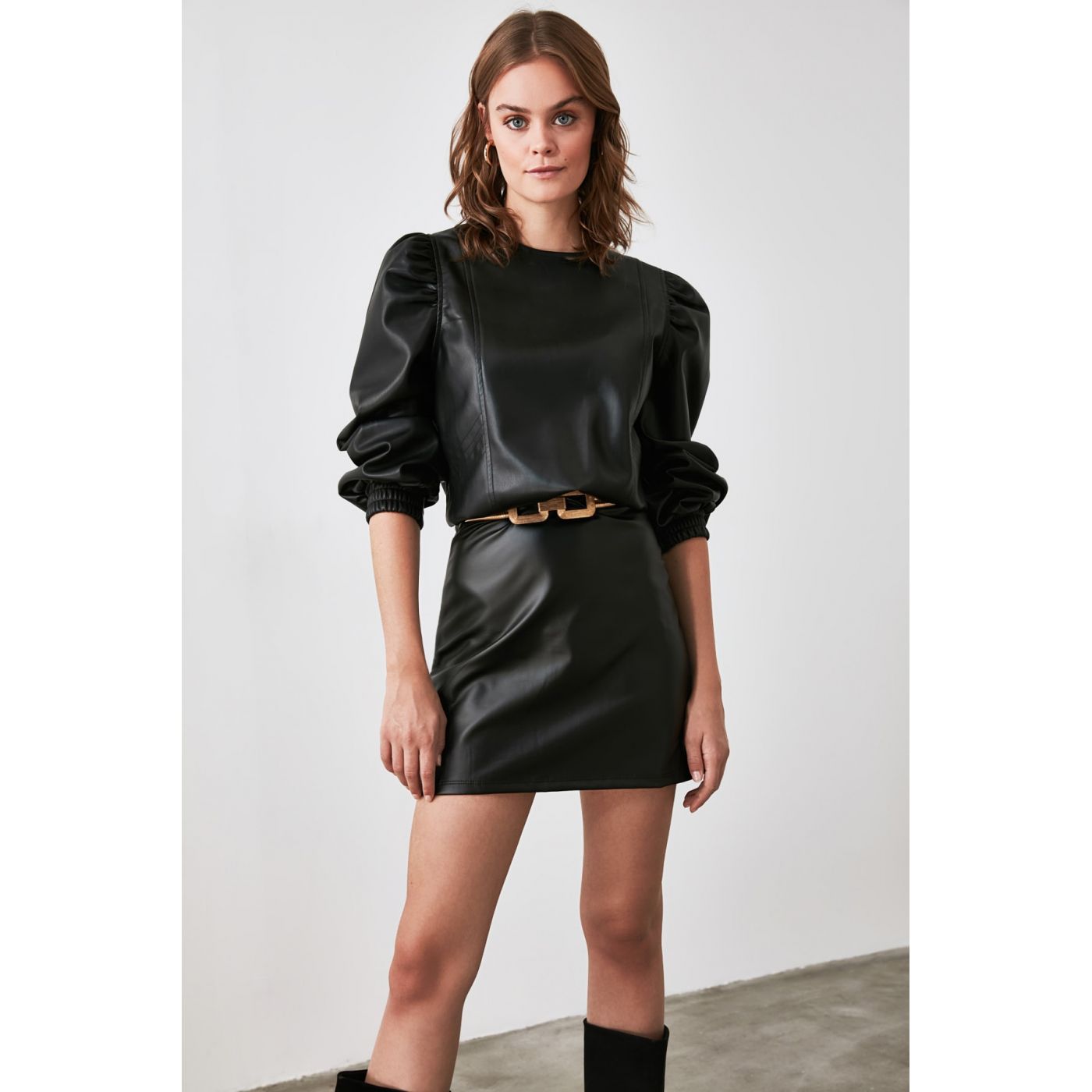 Trendyol Leather Knitted Skirt with Black Trok