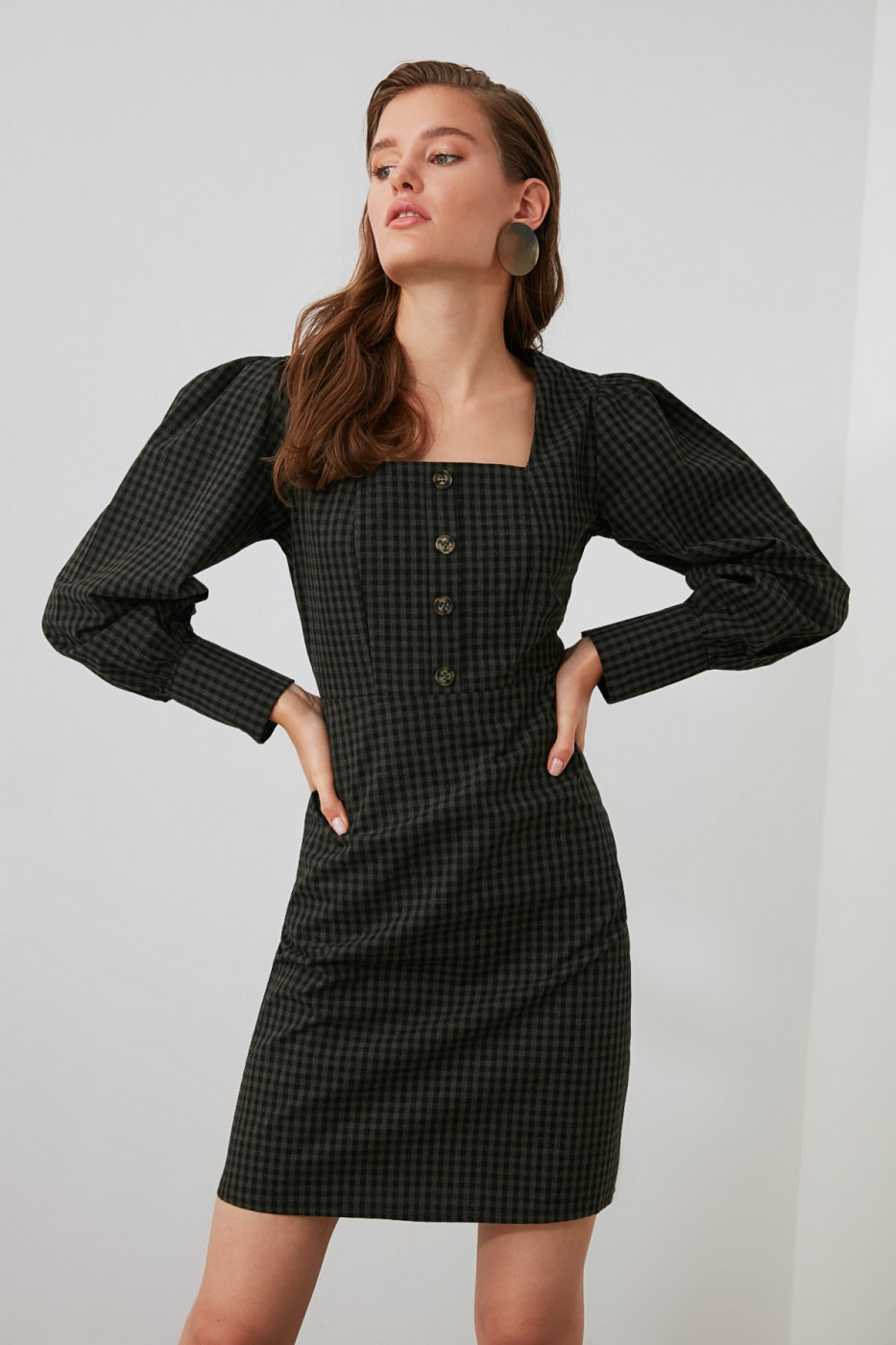Trendyol Khai Checkered Square Neckline Dress